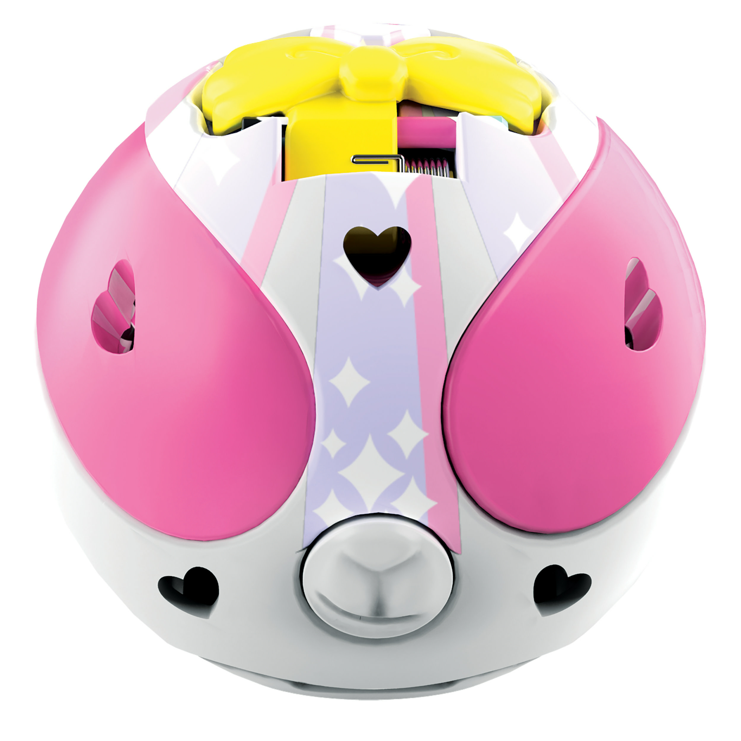 Spielzeugball, rosa und weiß mit Herz-Ausschnitten und gelbem Deckel.