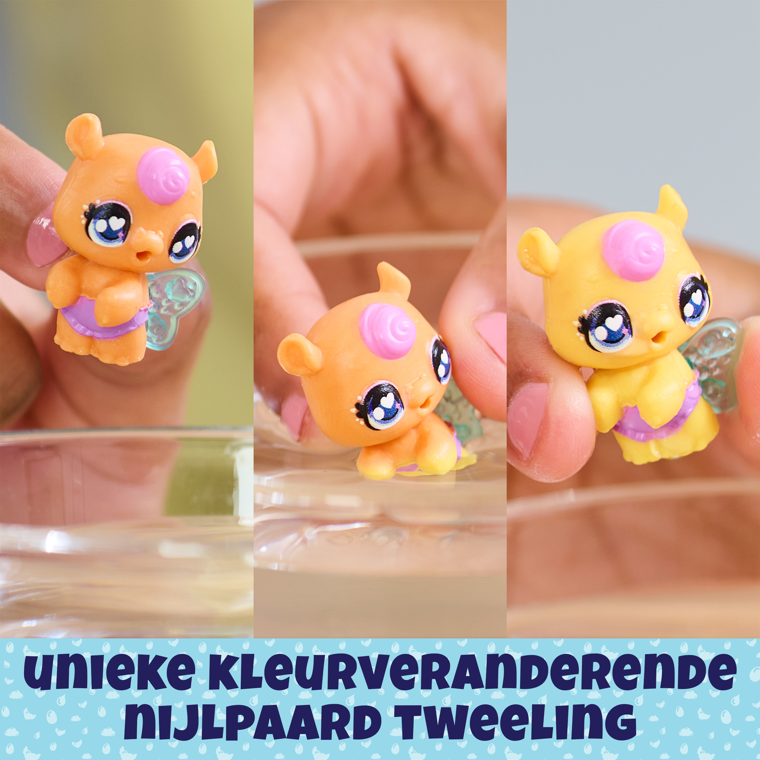 Drei Nahaufnahmen von Spielzeugflusspferden. Orange und lila. Weißer Hintergrund mit Text auf Niederländisch.