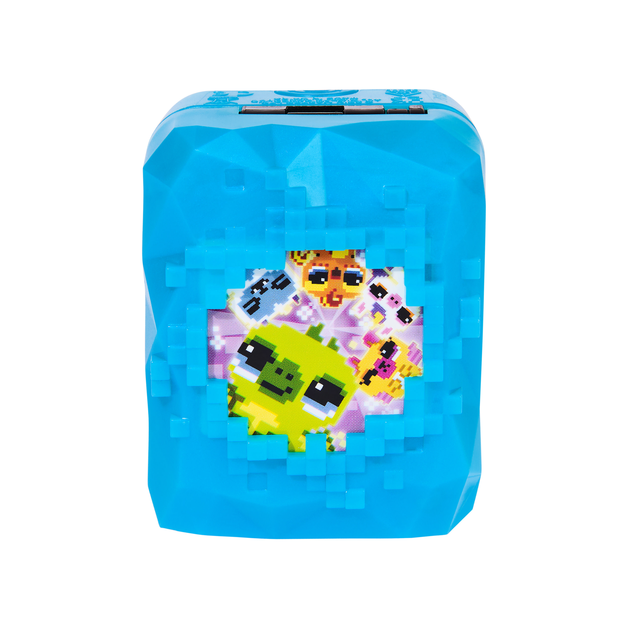 Un giocattolo cubo blu con personaggi colorati all'interno.