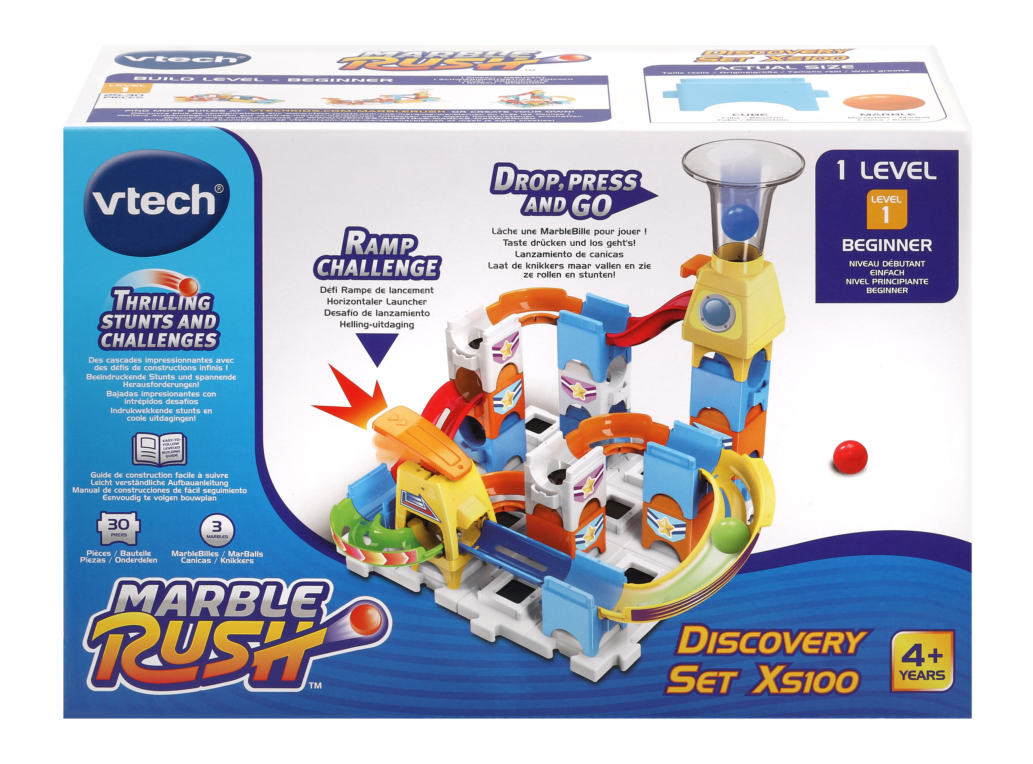 Un set di giocattoli Vtech Marble Rush con rampe, ostacoli e una scatola per principianti.