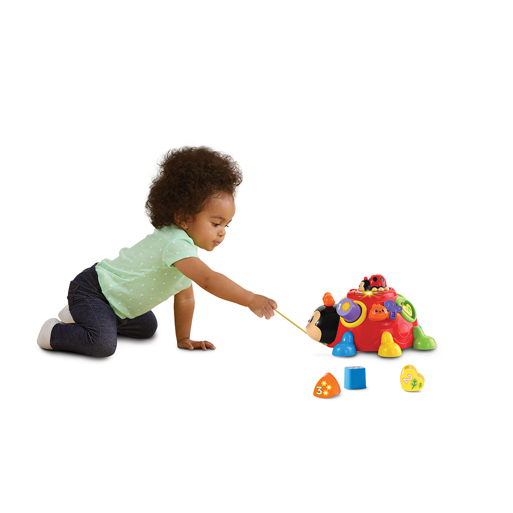 Ein Kleinkind greift nach einem roten Marienkäfer-Spielzeug neben bunten Formen. Weißer Hintergrund.