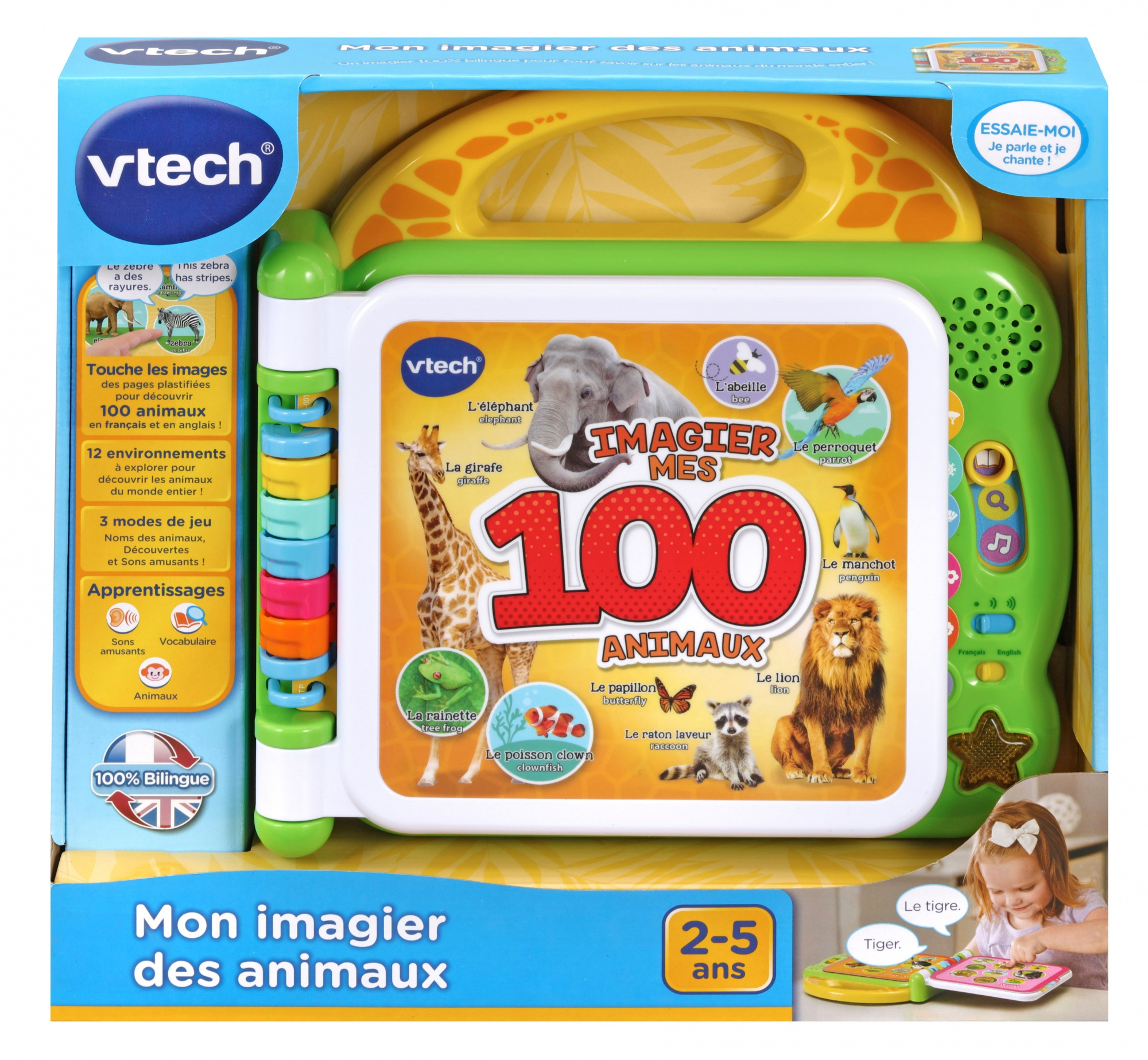 Un giocattolo educativo colorato per bambini con immagini di animali e una ragazza.