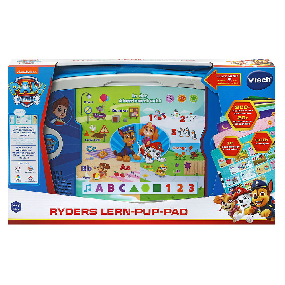 Ein farbenfrohes Lernspielzeug mit Paw Patrol-Charakteren und die Hand eines Kindes zeigt darauf.
