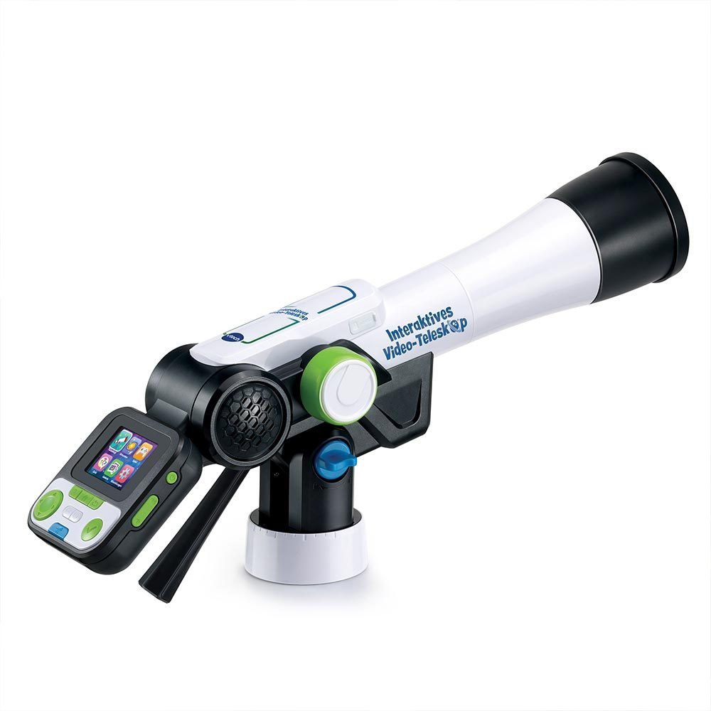 Un telescopio interattivo bianco e nero con schermo e controlli, isolato su sfondo bianco.