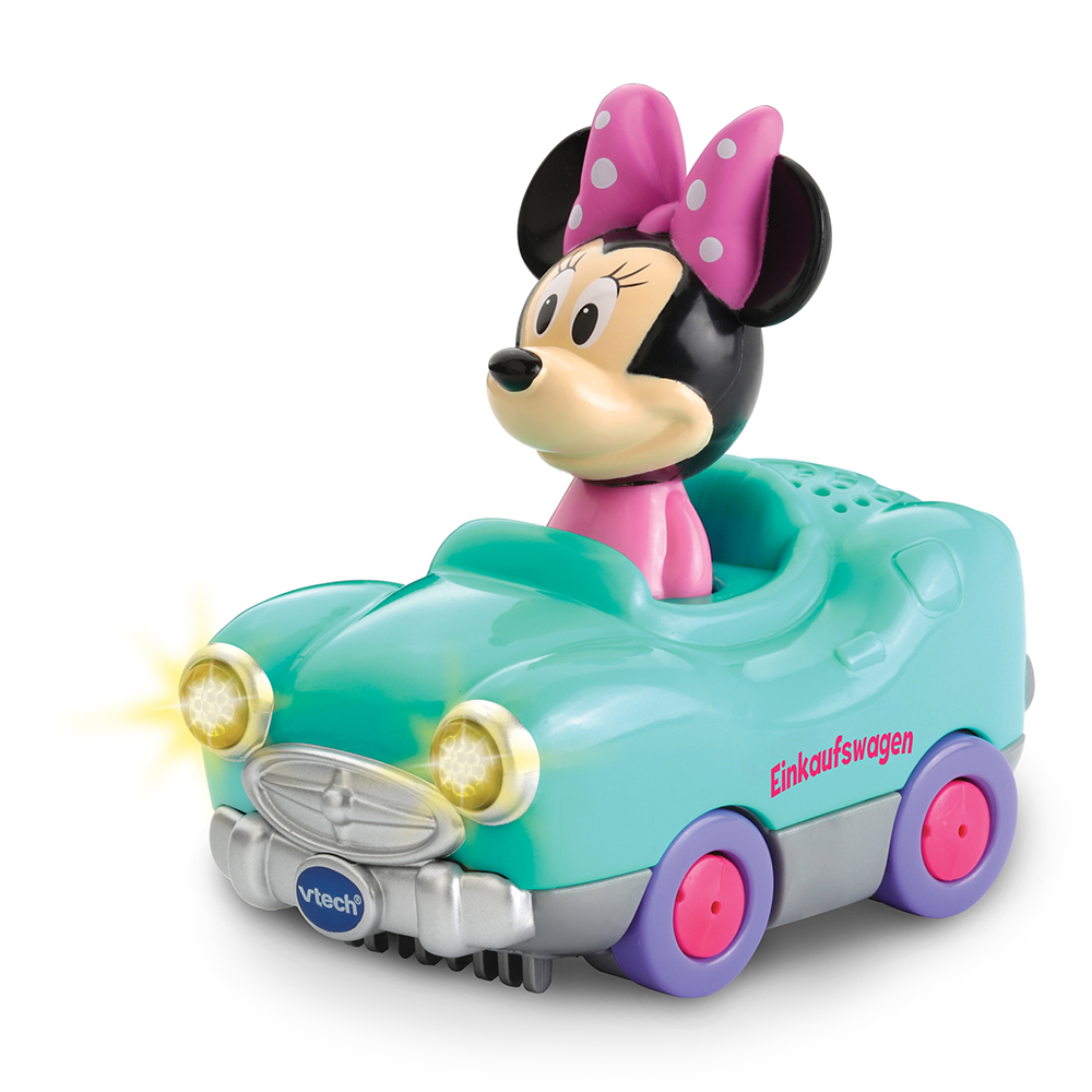 Ein Minnie-Maus-Spielzeugauto mit rosa Schleife. Das Auto ist türkis.
