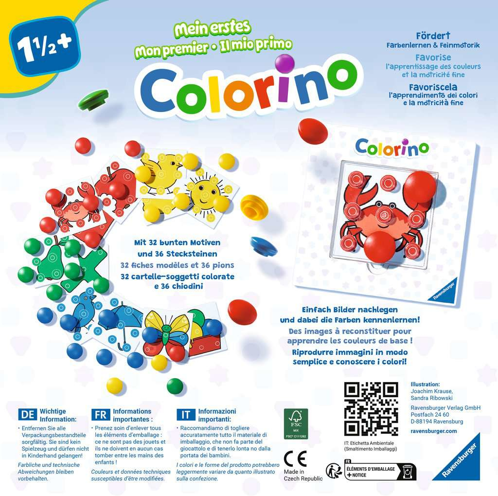 Colorino-Spielbox mit bunten Formen. Text in mehreren Sprachen. Nahaufnahme der Spielsteine und Illustrationen.