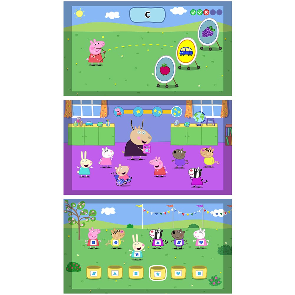 Drei Szenen aus einer Peppa Wutz-Episode: Spielen auf der Wiese, ein Klassenzimmer und Spielen auf der Wiese.