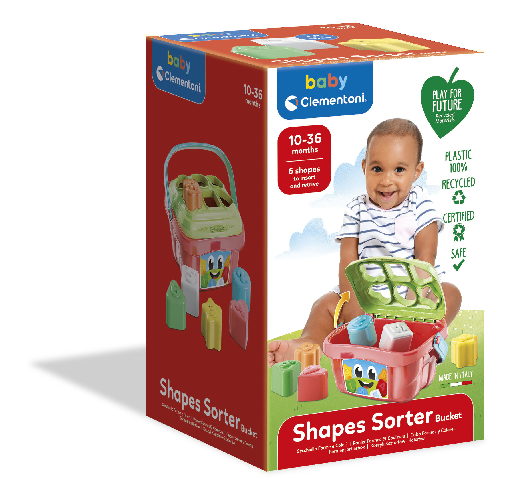 Pudełko z zabawkami do sortowania kształtów dla dzieci z kształtami. Pokazano uśmiechnięte dziecko i pudełko.