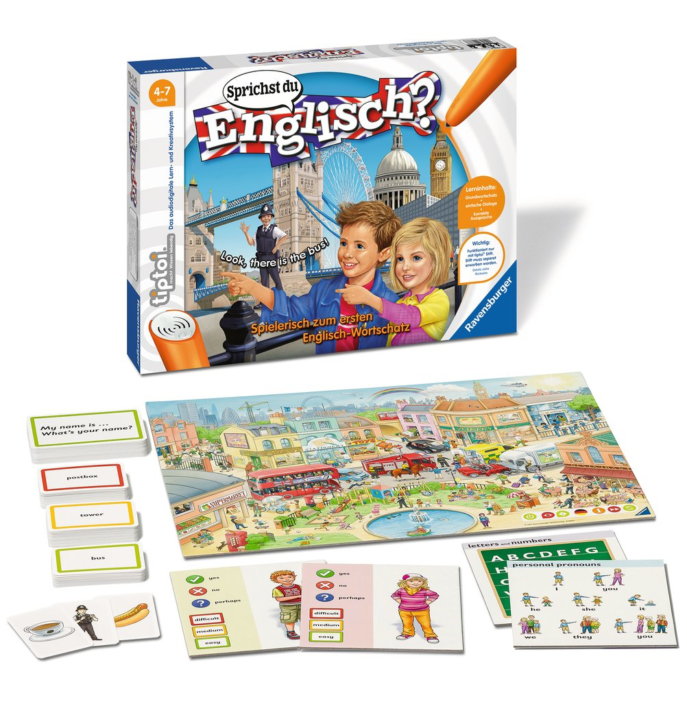 Pudełko gry planszowej z elementami gry. Zawiera motyw nauki języka angielskiego i obraz krajobrazu Londynu.