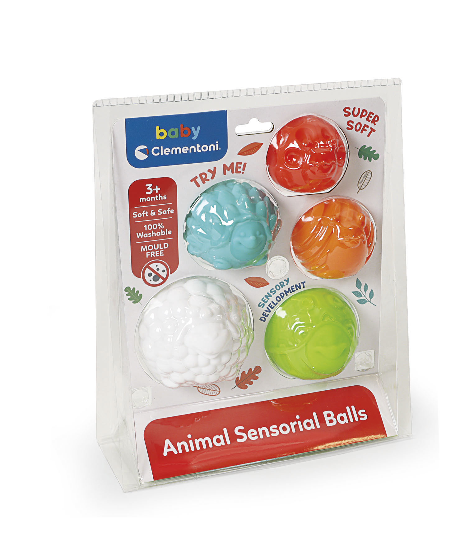Verpackung für sensorische Babybälle. Fünf bunte Bälle: rot, blau, orange, weiß und grün.