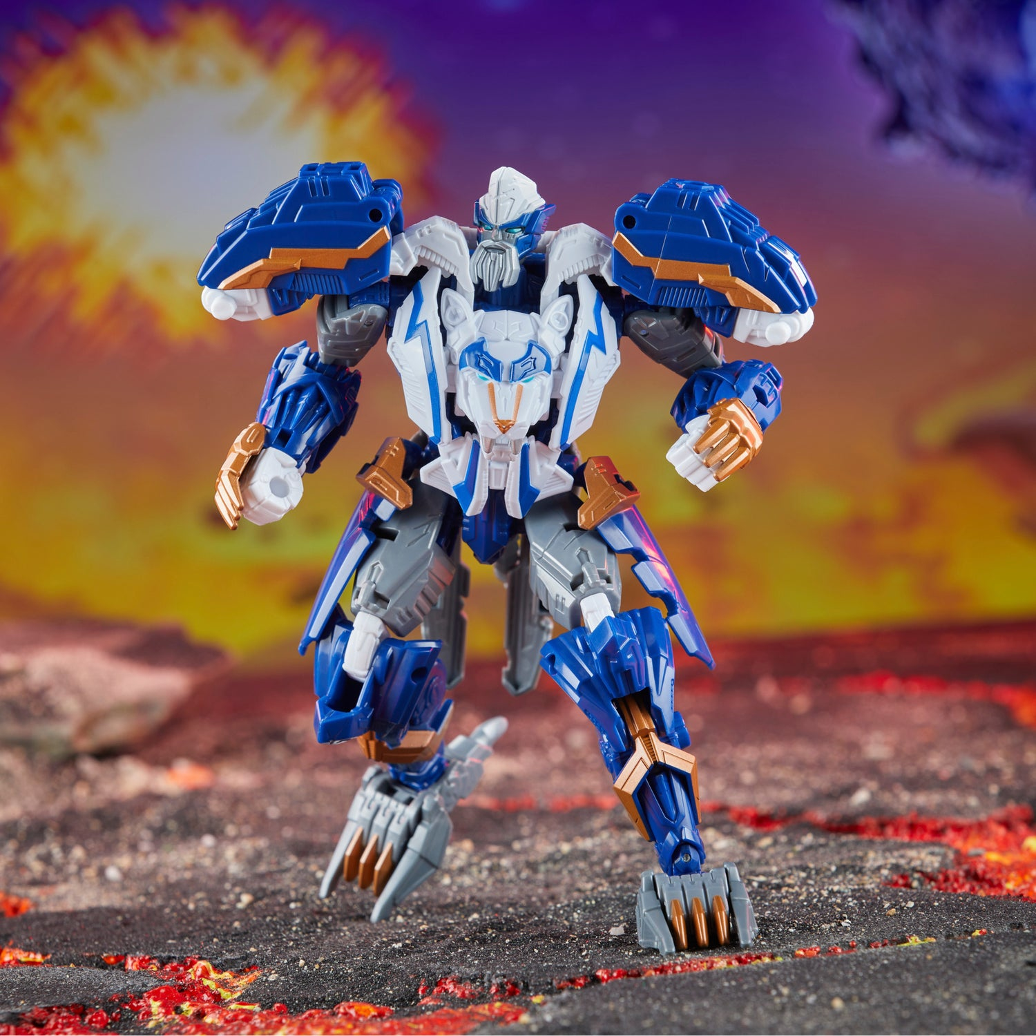 Un giocattolo robot trasformatore blu e bianco. Faccia bianca, armatura blu.
