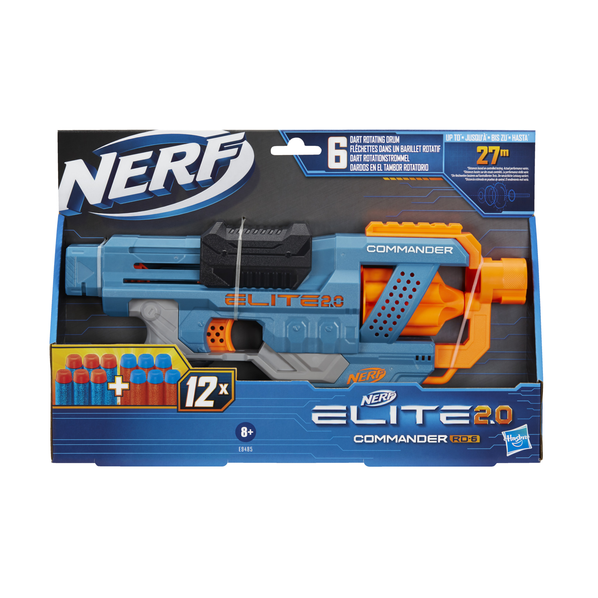 Opakowanie zabawki Nerf Elite 2.0 Commander RD-6 Blaster. Schemat kolorów niebieski, pomarańczowy i szary.
