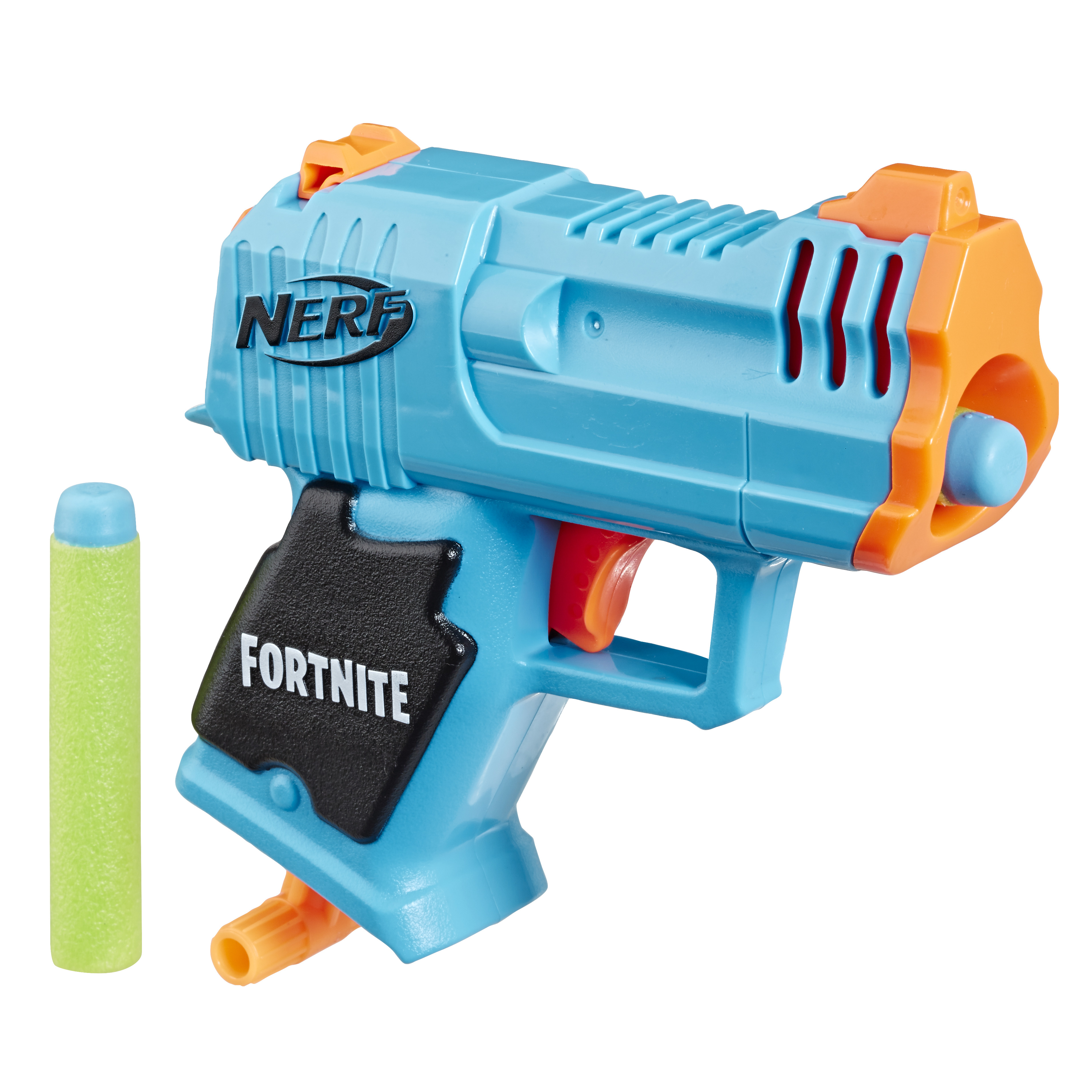 Una pistola de juguete Nerf Fortnite azul y naranja con un dardo verde.