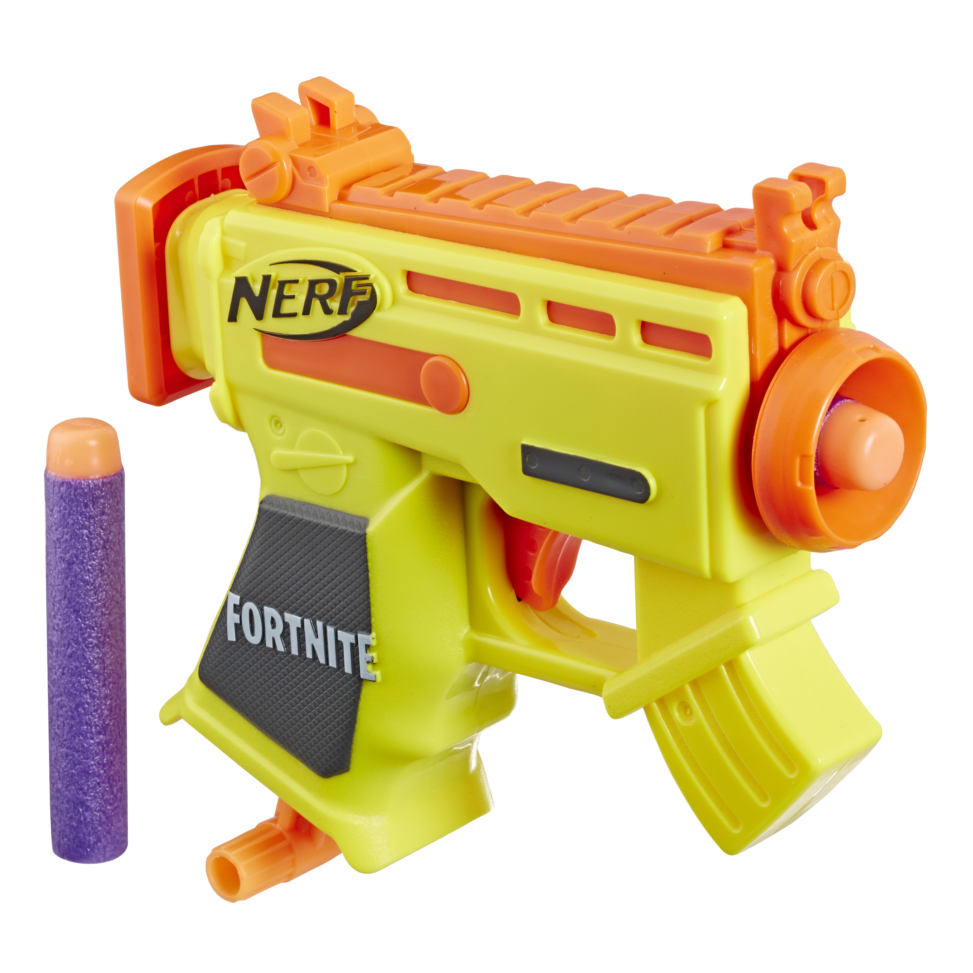 Pistola de juguete amarilla y naranja con la marca Fortnite. Una bala morada está al lado.