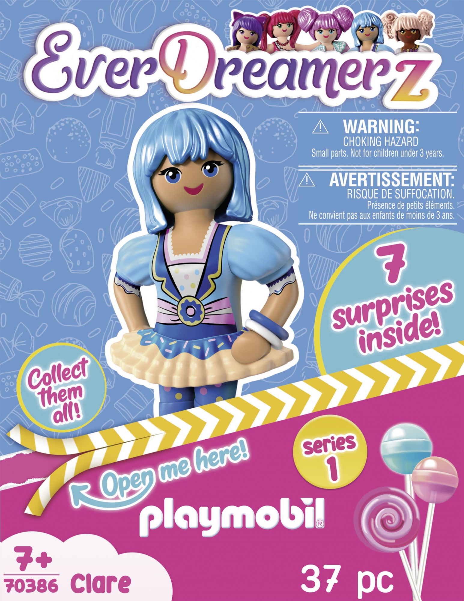 Una bambola Playmobil EverDreamerZ nella confezione. La scatola mostra la bambola e il contenuto, inclusi i lecca-lecca.
