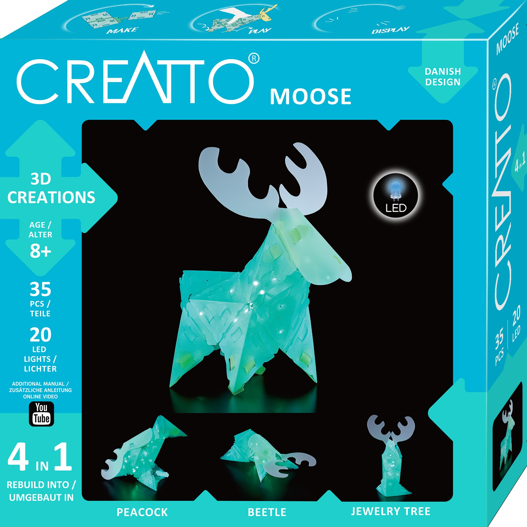 Caja del kit CREATTO Moose con 35 piezas, luces LED y opciones de reconstrucción.