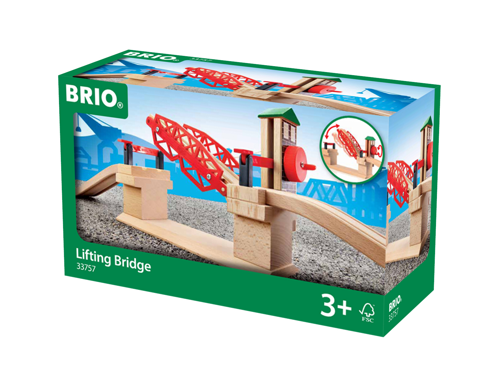 Ein Brio-Spielzeug-Box-Set einer Hebebrücke, die Box zeigt eine Brücke in Aktion mit einem hölzernen Hintergrund.