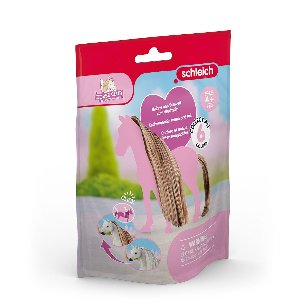Eine rosa Packung Pferdehaar mit den Wörtern "Horse Club" und "Schleich" darauf.