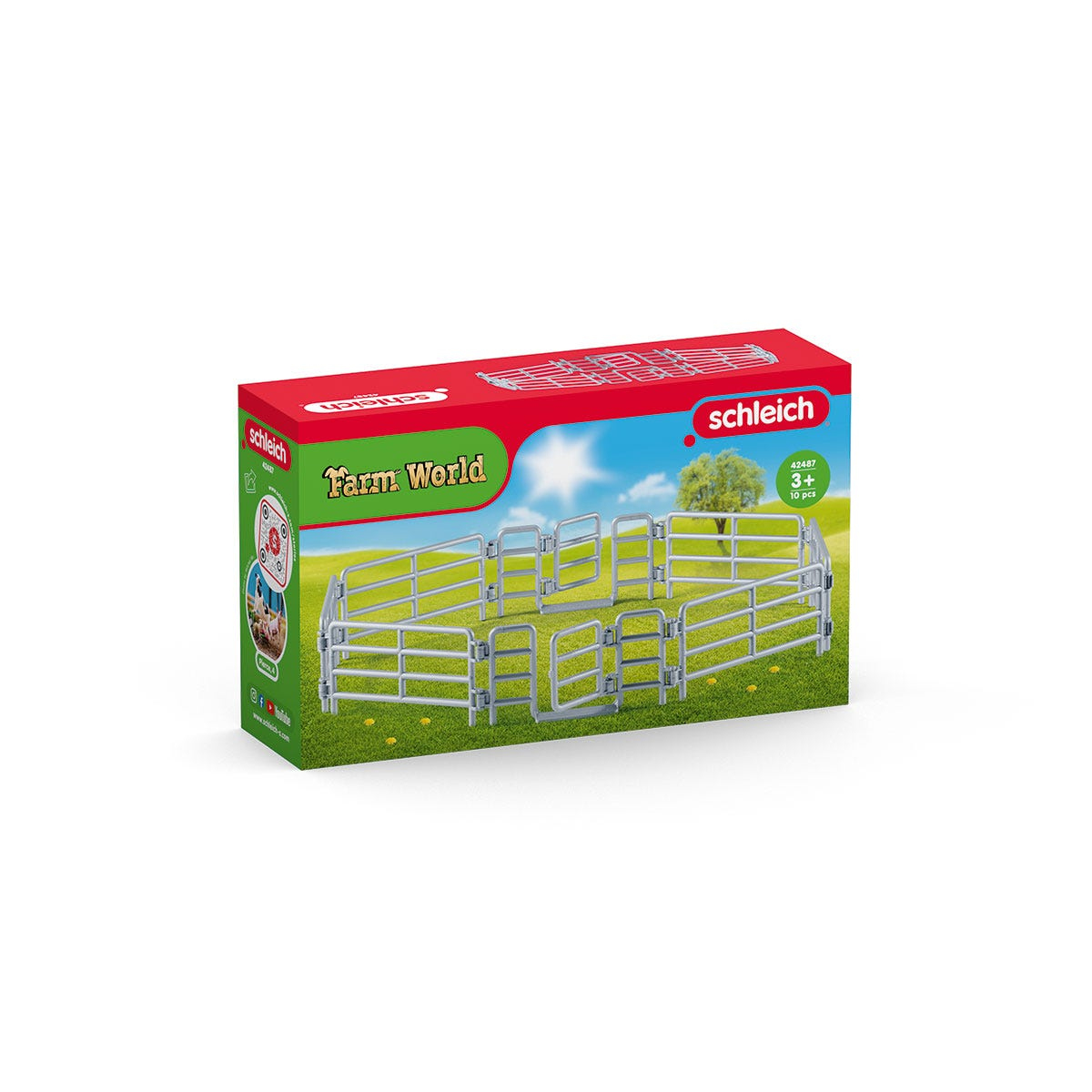 Un set di recinzioni per fattoria giocattolo in una scatola, con un'illustrazione di campo verde e cielo blu.