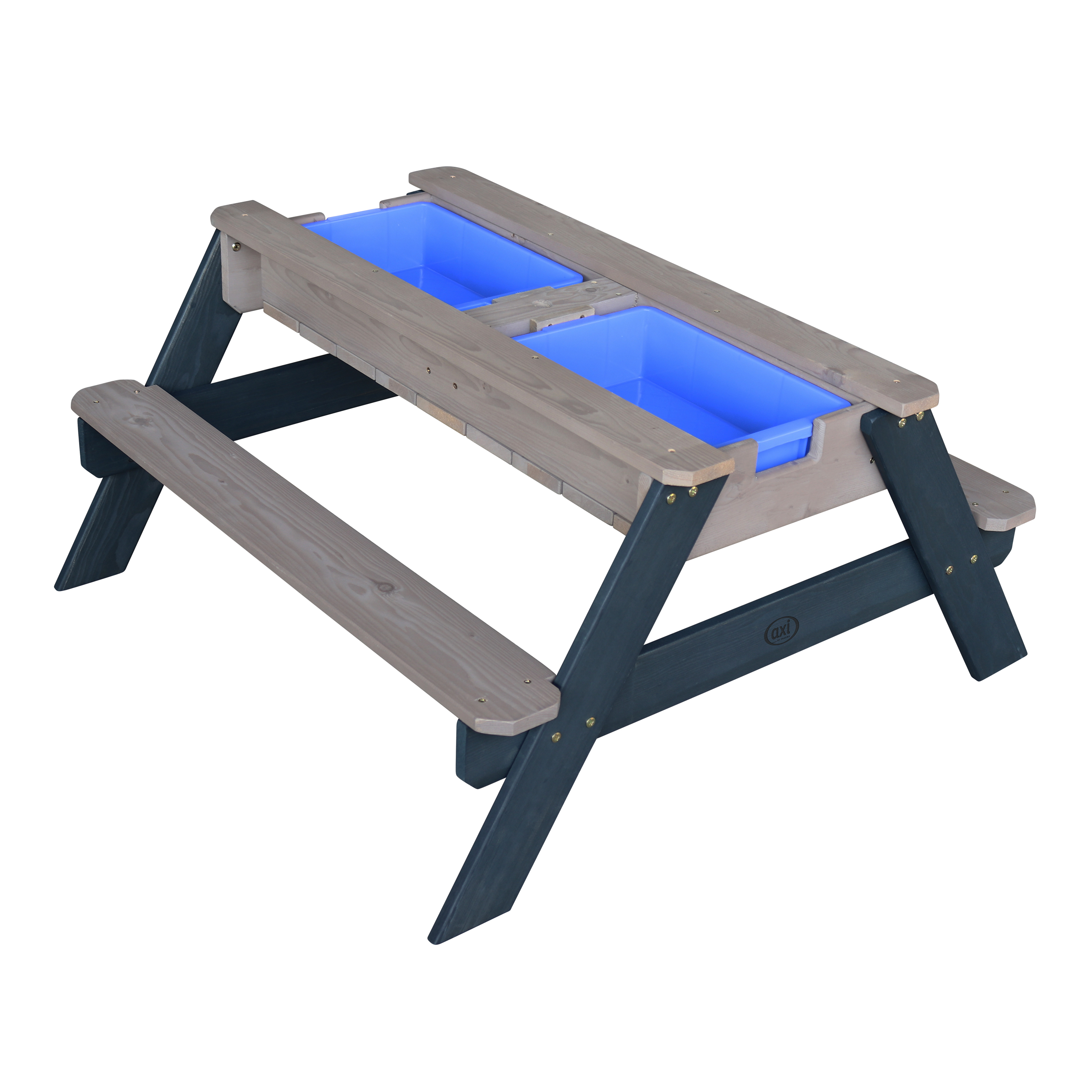 Ein Picknicktisch aus Holz mit zwei blauen Wannen steht auf weißem Grund.