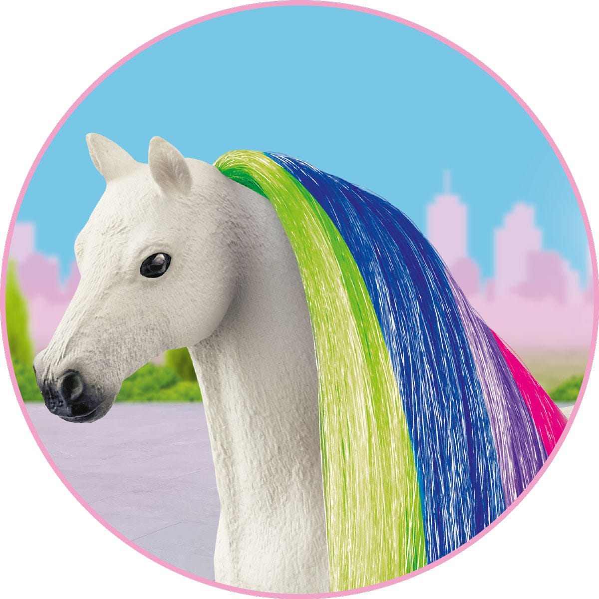 Ein weißes Pferd mit Regenbogenmähne in einem rosa Kreis.