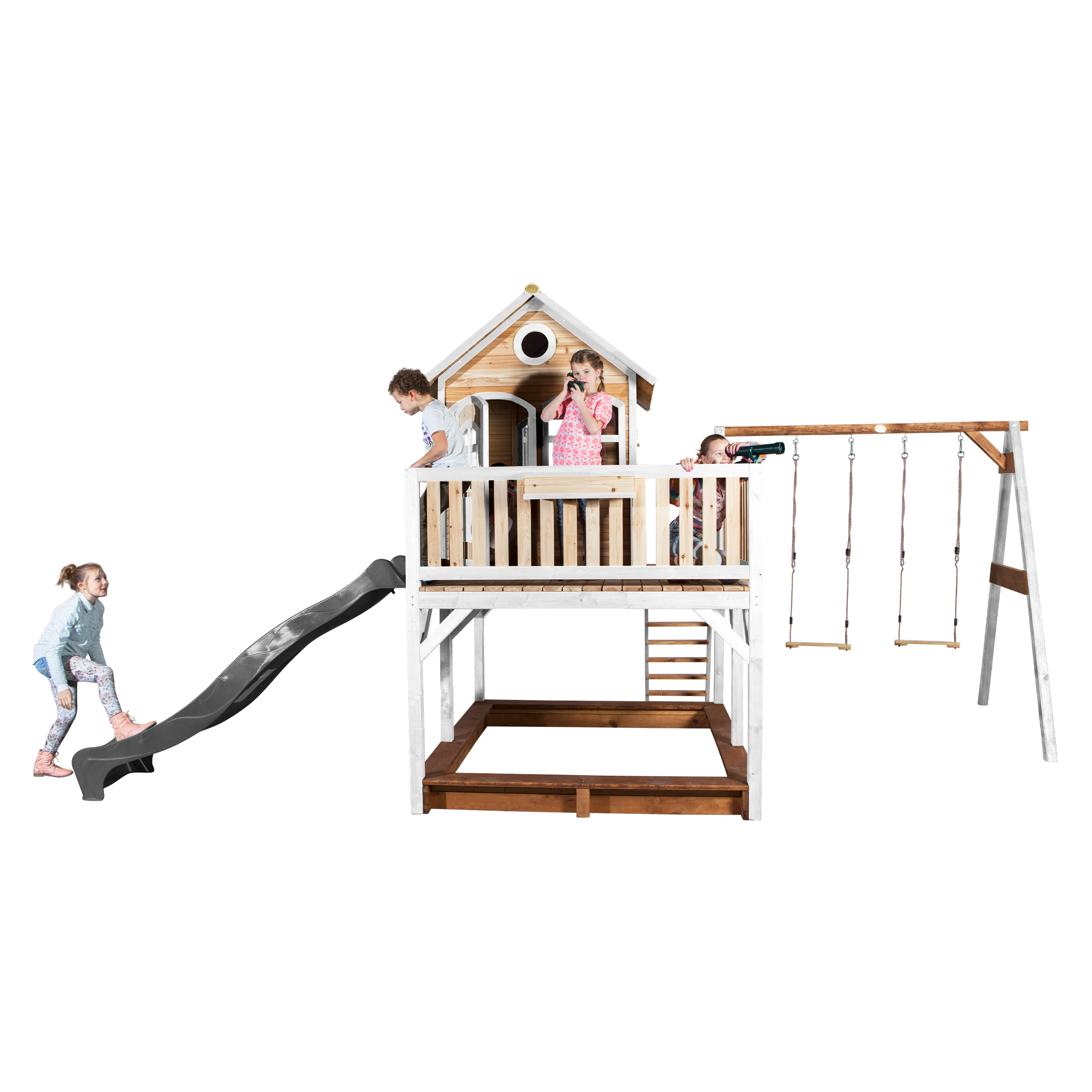 Spielplatz mit Rutsche, Schaukeln und Sandkasten. Kinder spielen darauf.