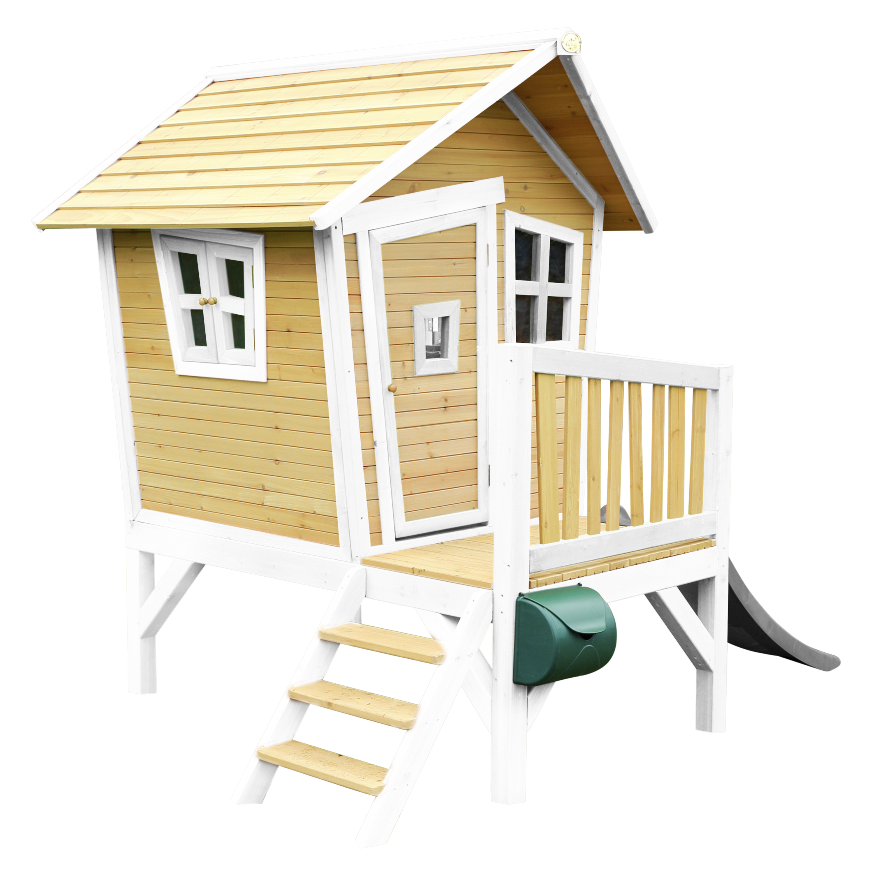 Spielhaus aus Holz mit Treppe, Fenstern und Rutsche. Weiße und hellgelbe Farben.