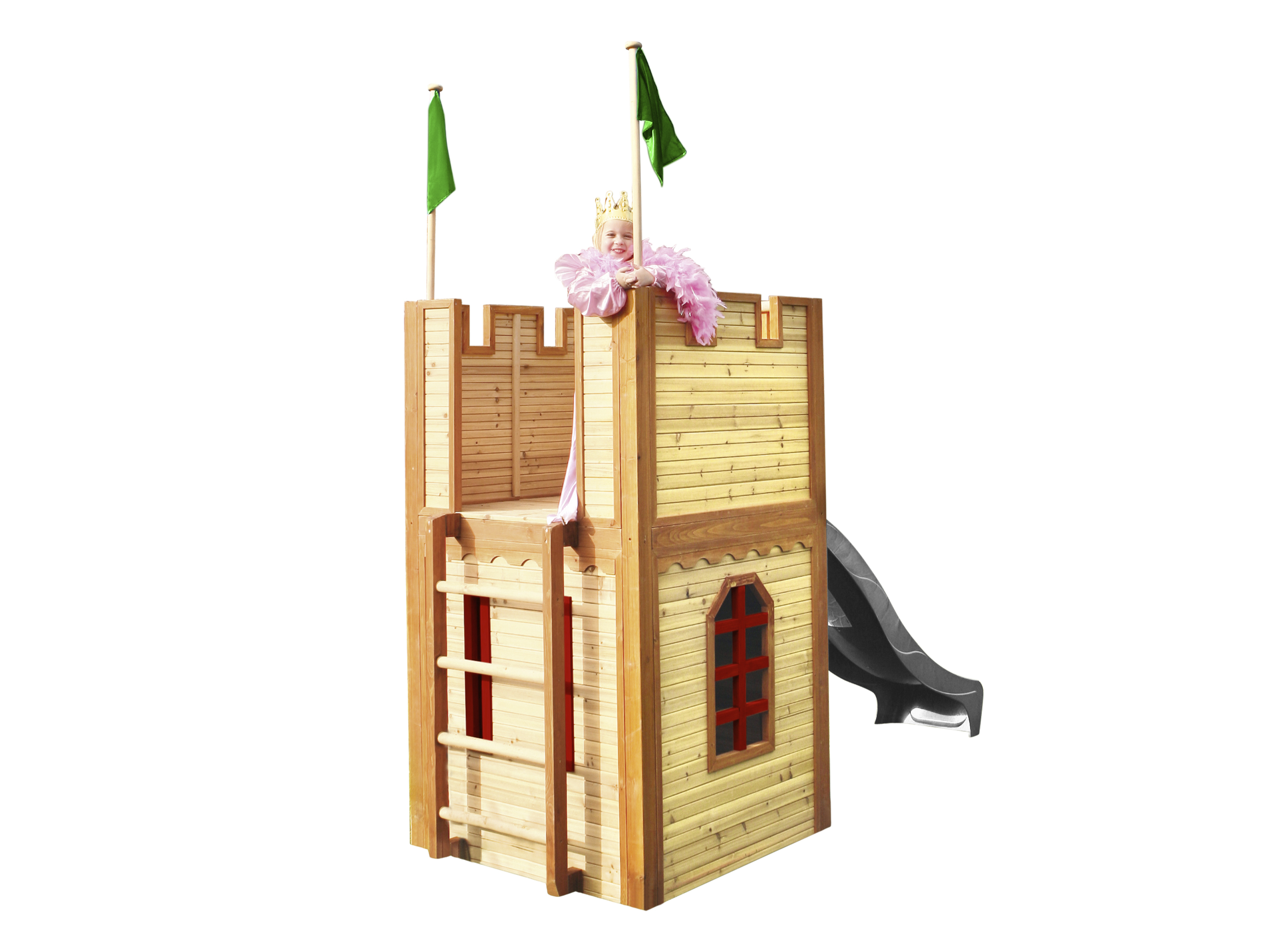 Ein hölzernes Burg-Spielset mit Rutsche, Fahnen, Leiter und einem Mädchen mit Krone obenauf.