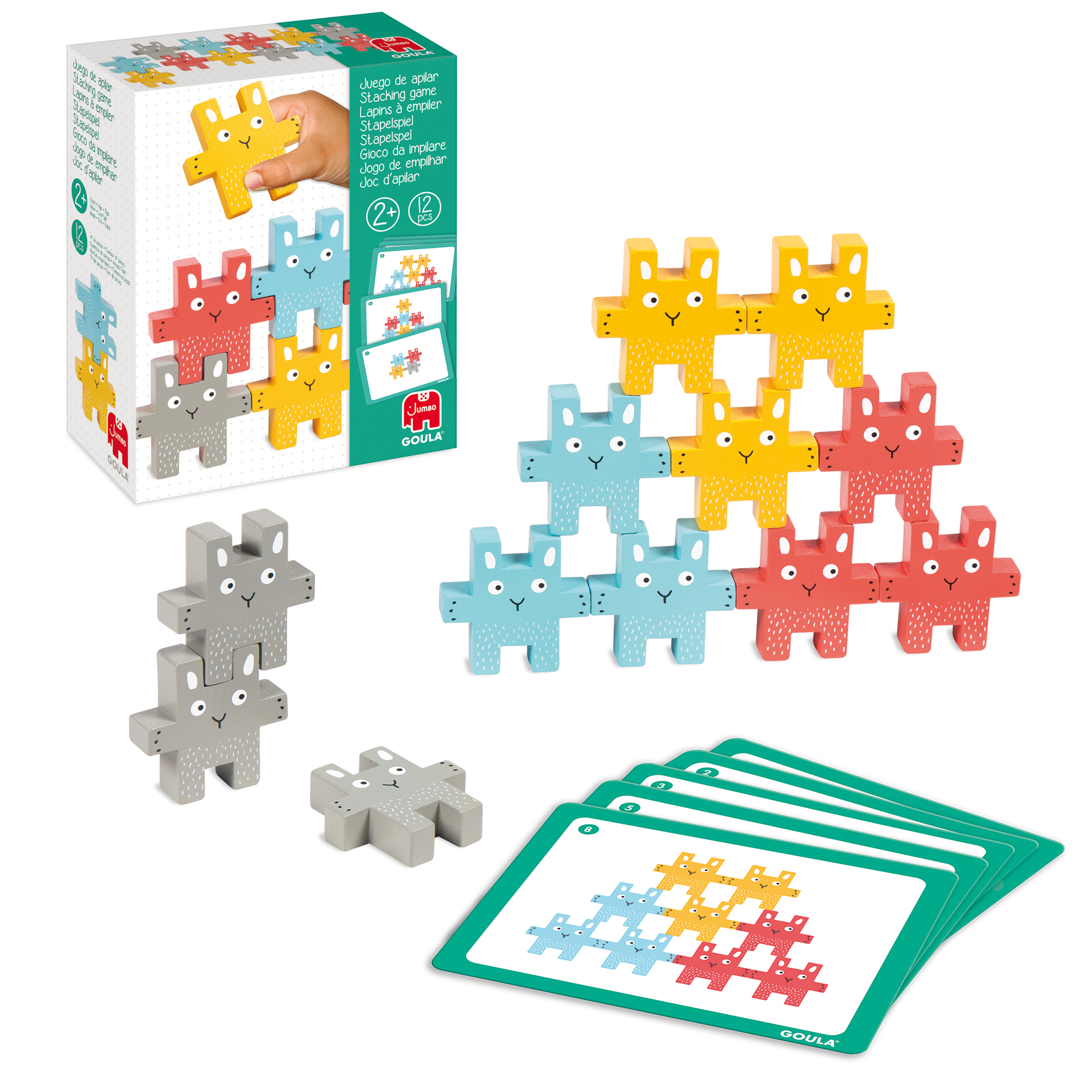 Un juego con bloques de conejos coloridos y cartas para apilar.