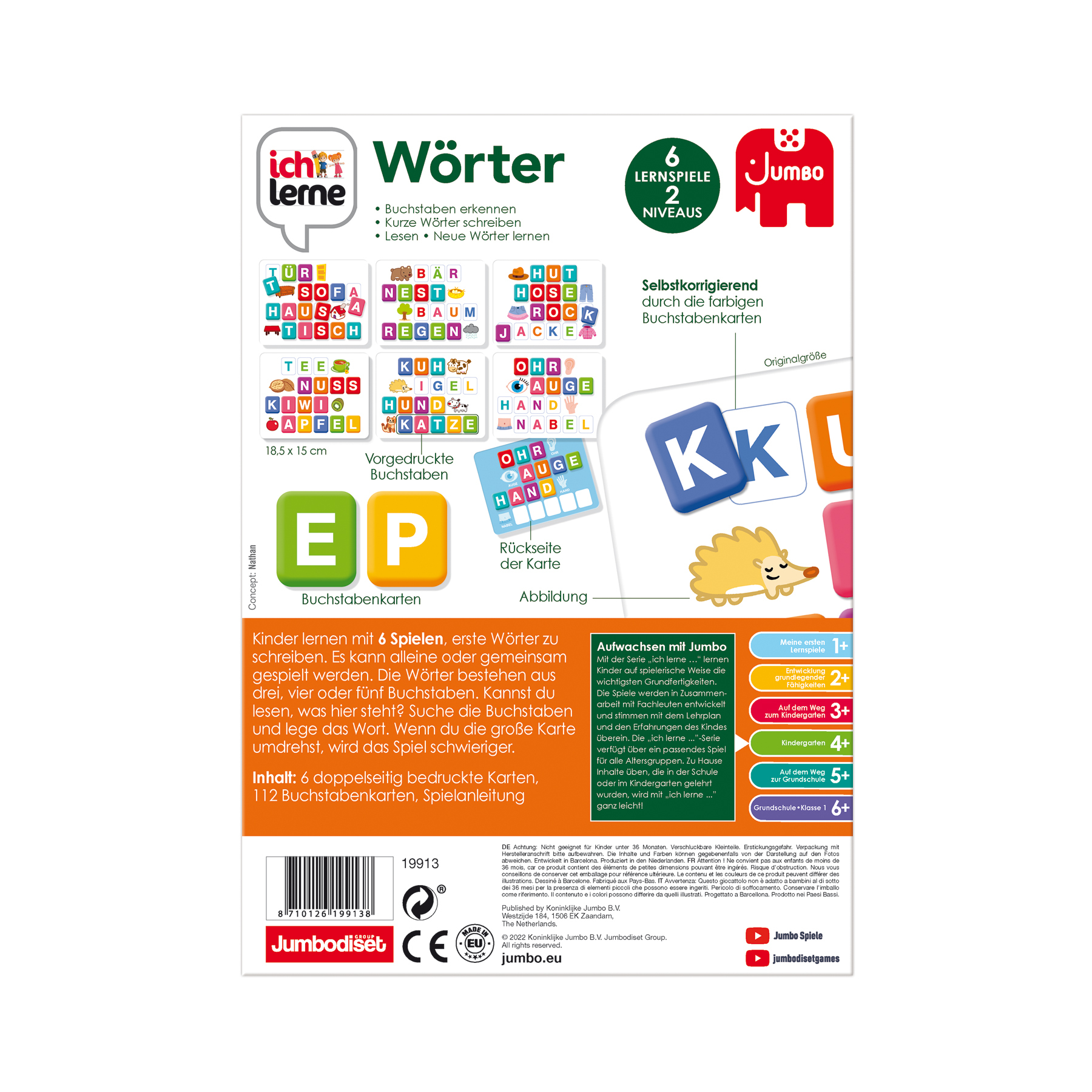 Rückseite eines Kinderlernbuchs mit Wörtern, Buchstaben und Illustrationen von Tieren und Objekten.