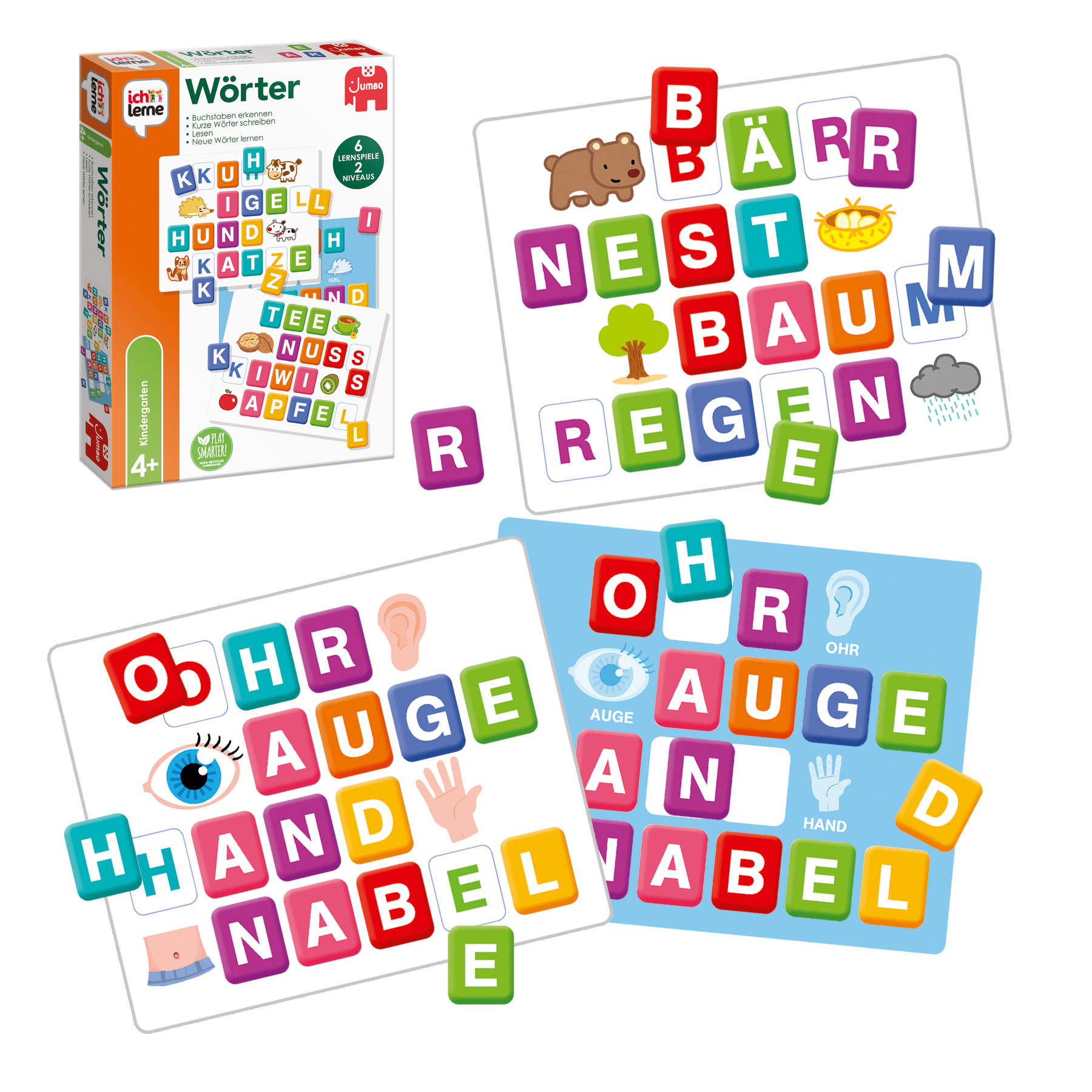 Lernspiel mit Wortbildungs-Karten. Bunte Buchstaben und Bilder sind sichtbar.