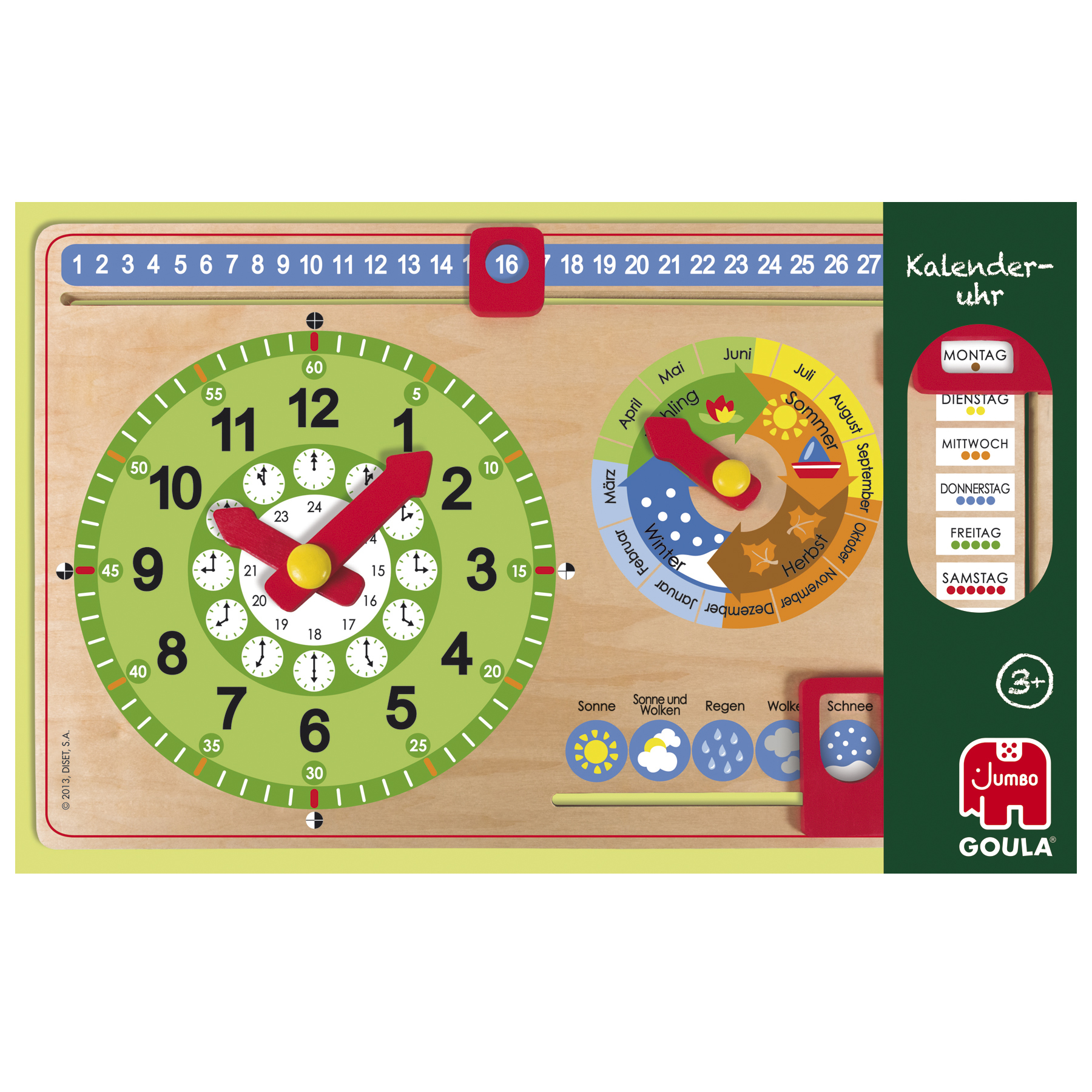 Holzuhr- und Kalender-Spielzeug, farbenfroh. Zeigt Zeit und Daten.
