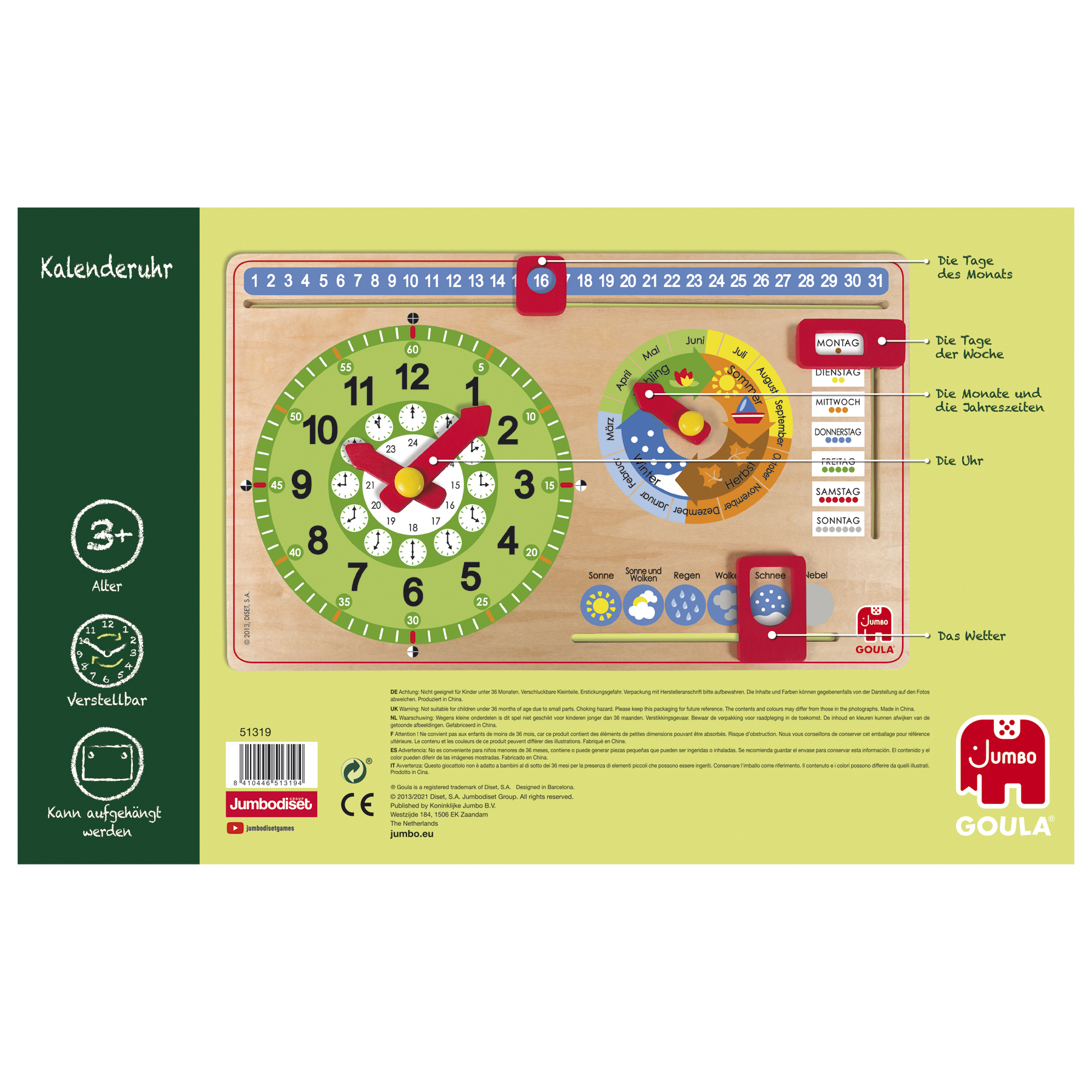 Holz-Kalenderuhr-Spielzeug mit farbigen Zahlen, Zeigern und einer Tafel mit Tagen, Monaten und Wetter.
