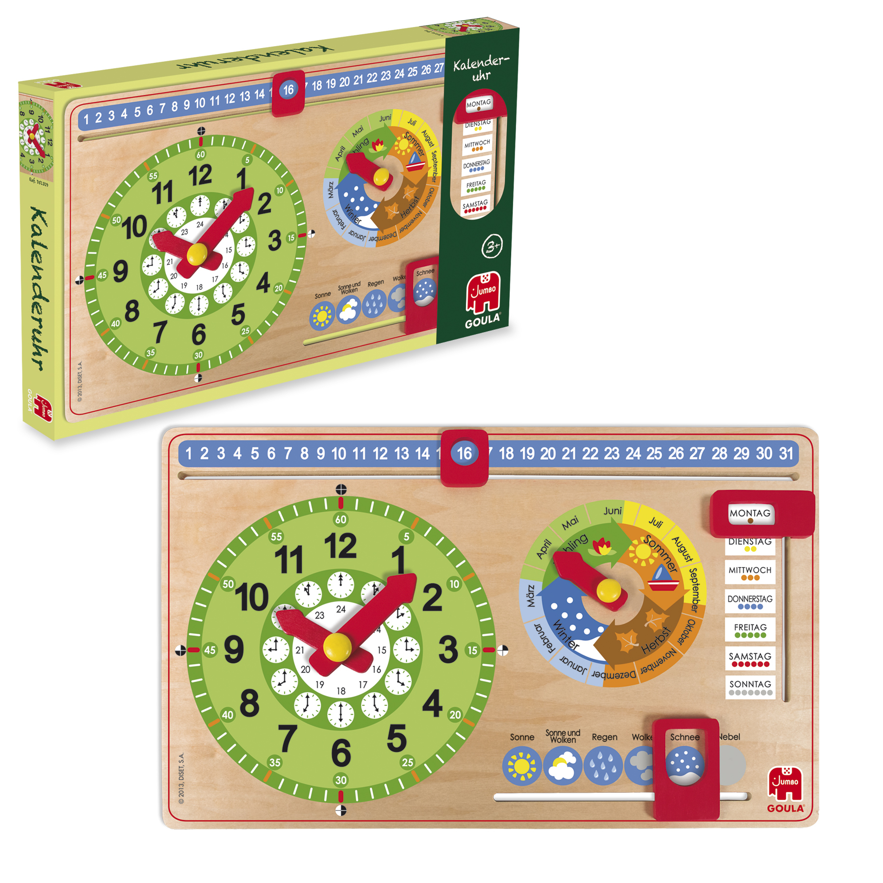 Uhr-Kalender-Spielzeug aus Holz mit Zahlen und Tagen, und ein zweites.
