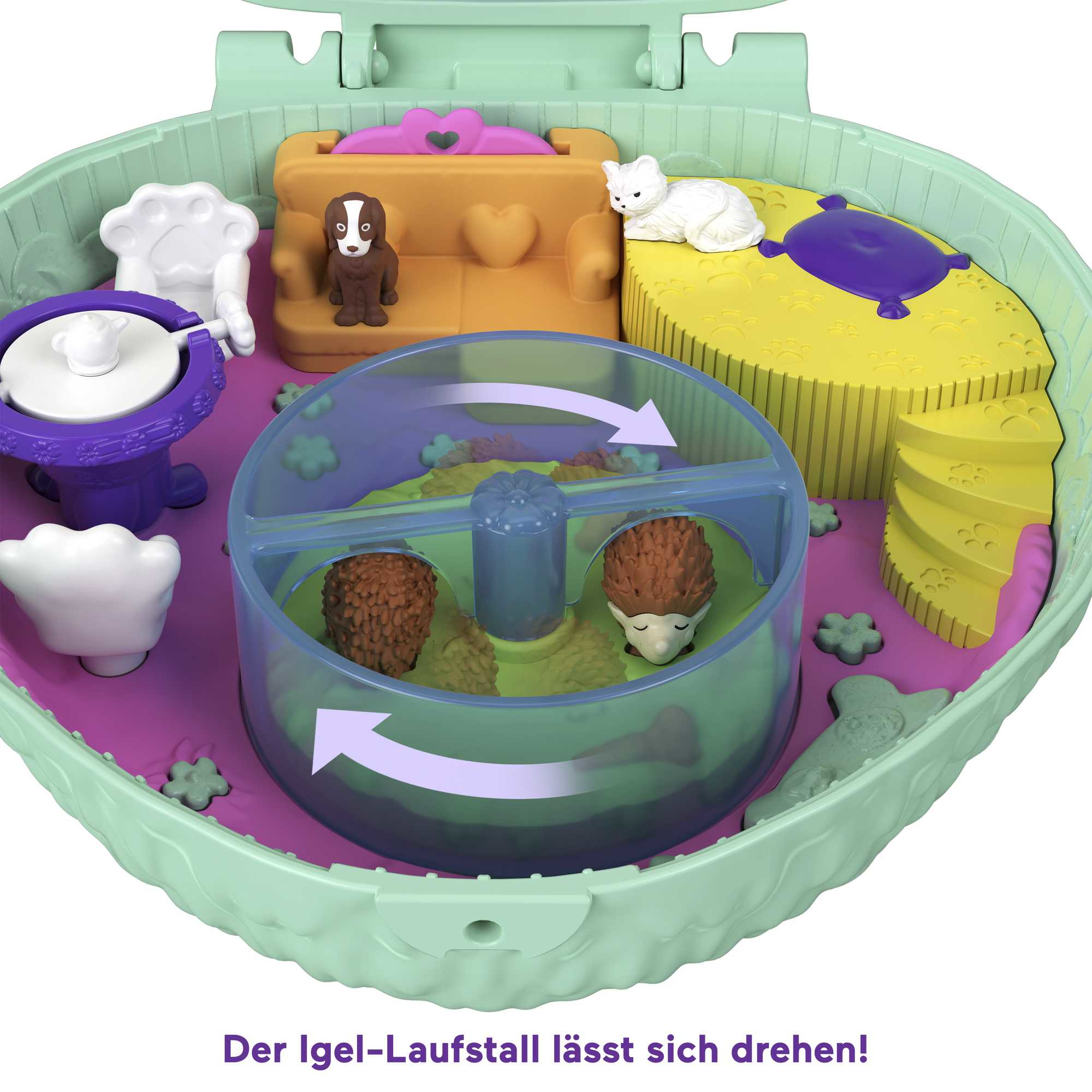 Spielzeughaus mit Haustieren. Rotierender Zylinder mit Igeln. Lila, gelb und grün.