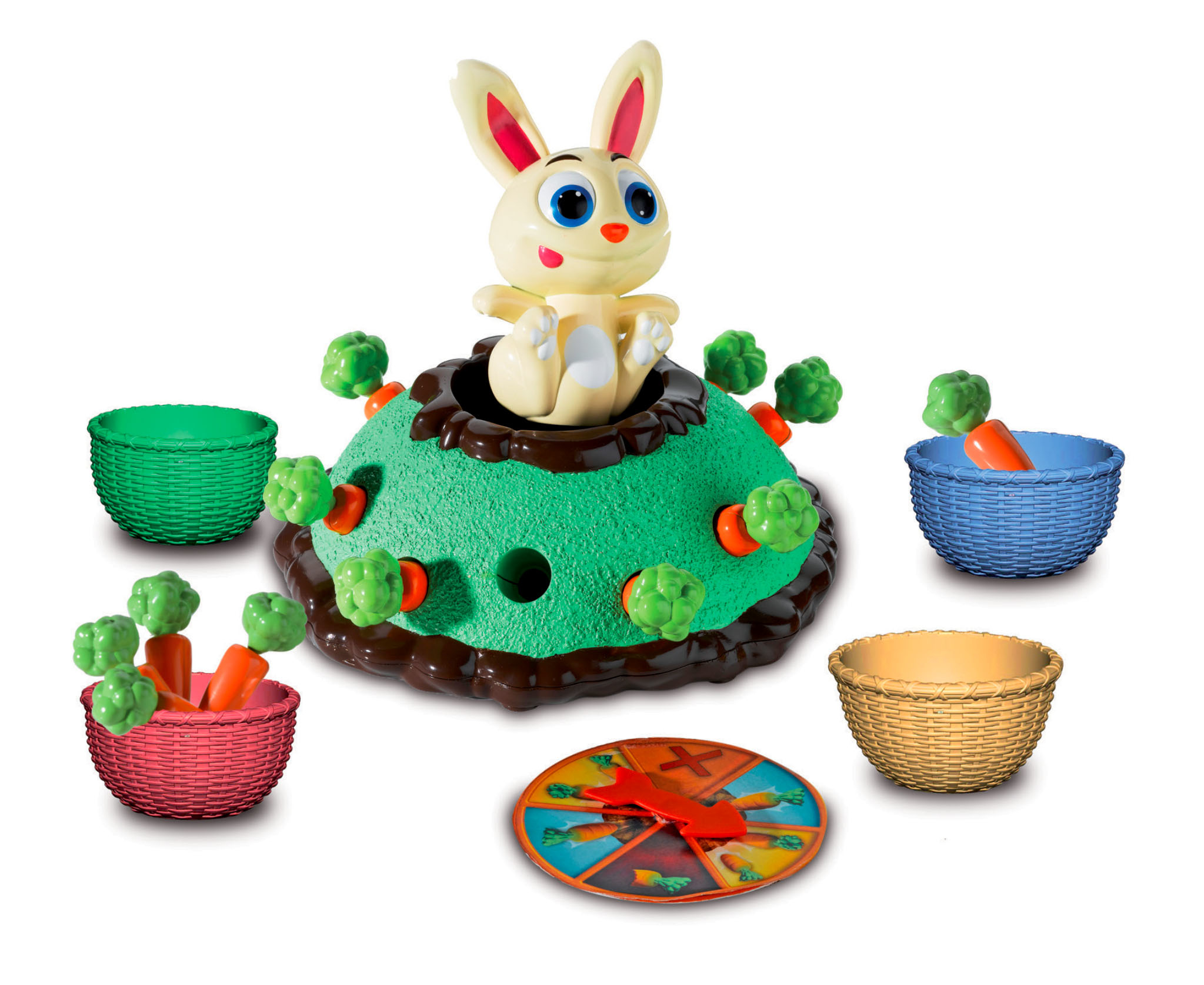 Hasenspiel mit Karotten und Körben. Ein Hase springt aus einem grünen Hügel.