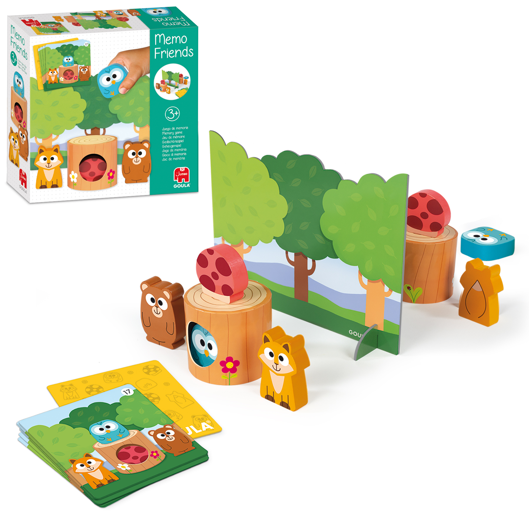 Un juego de memoria para niños con personajes de oso, búho y zorro de madera.