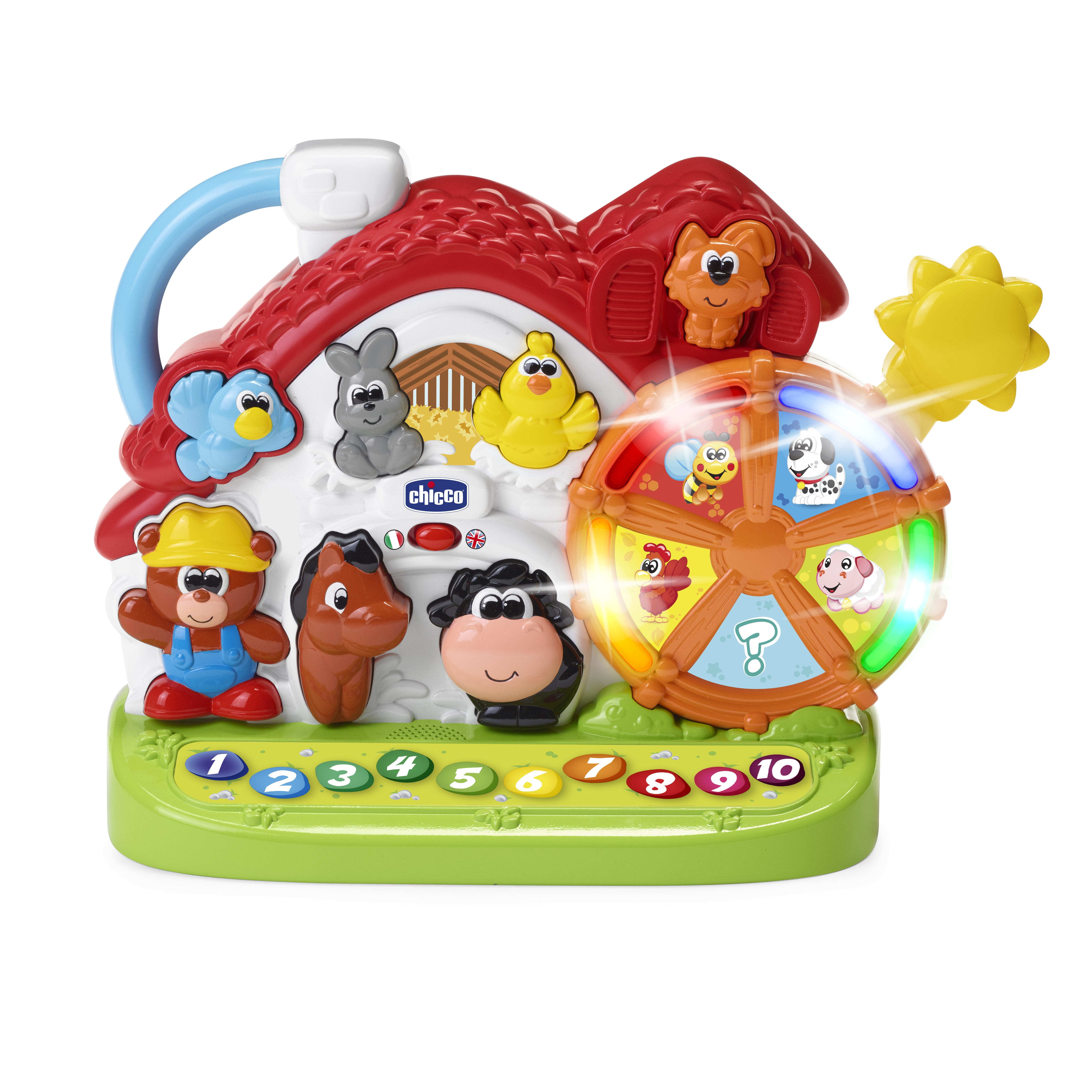 Kolorowy domek z zabawkami ze zwierzętami, cyframi i obracającym się kołem.