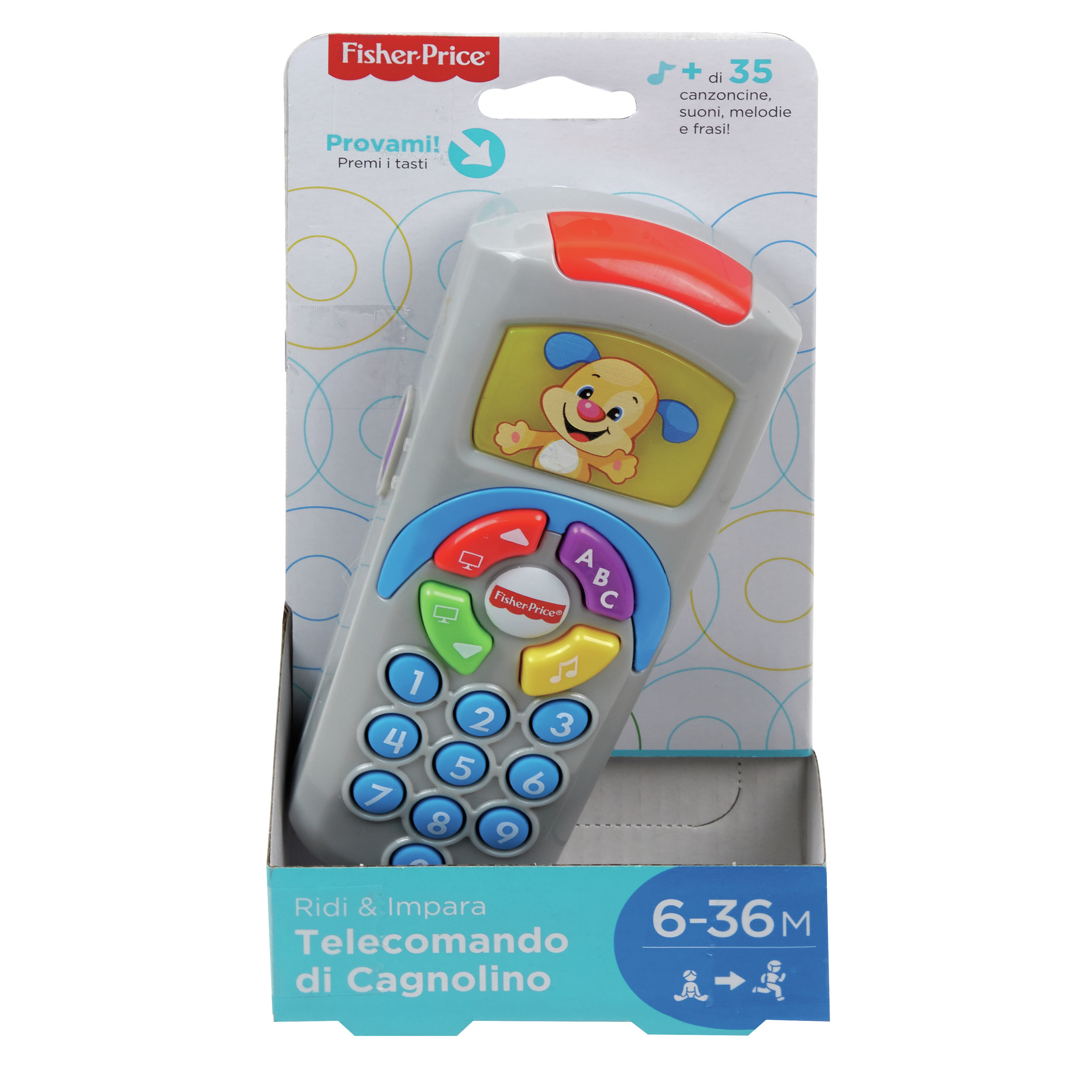 Zabawkowy pilot z kolorowymi przyciskami, obrazkiem psa i włoskim tekstem.