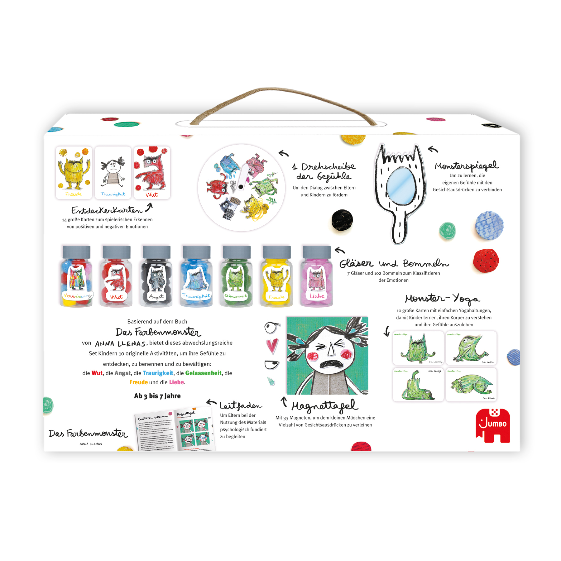 Une boîte colorée avec des illustrations, du texte et de petits pots, ainsi que des cartes, un miroir et des aimants.