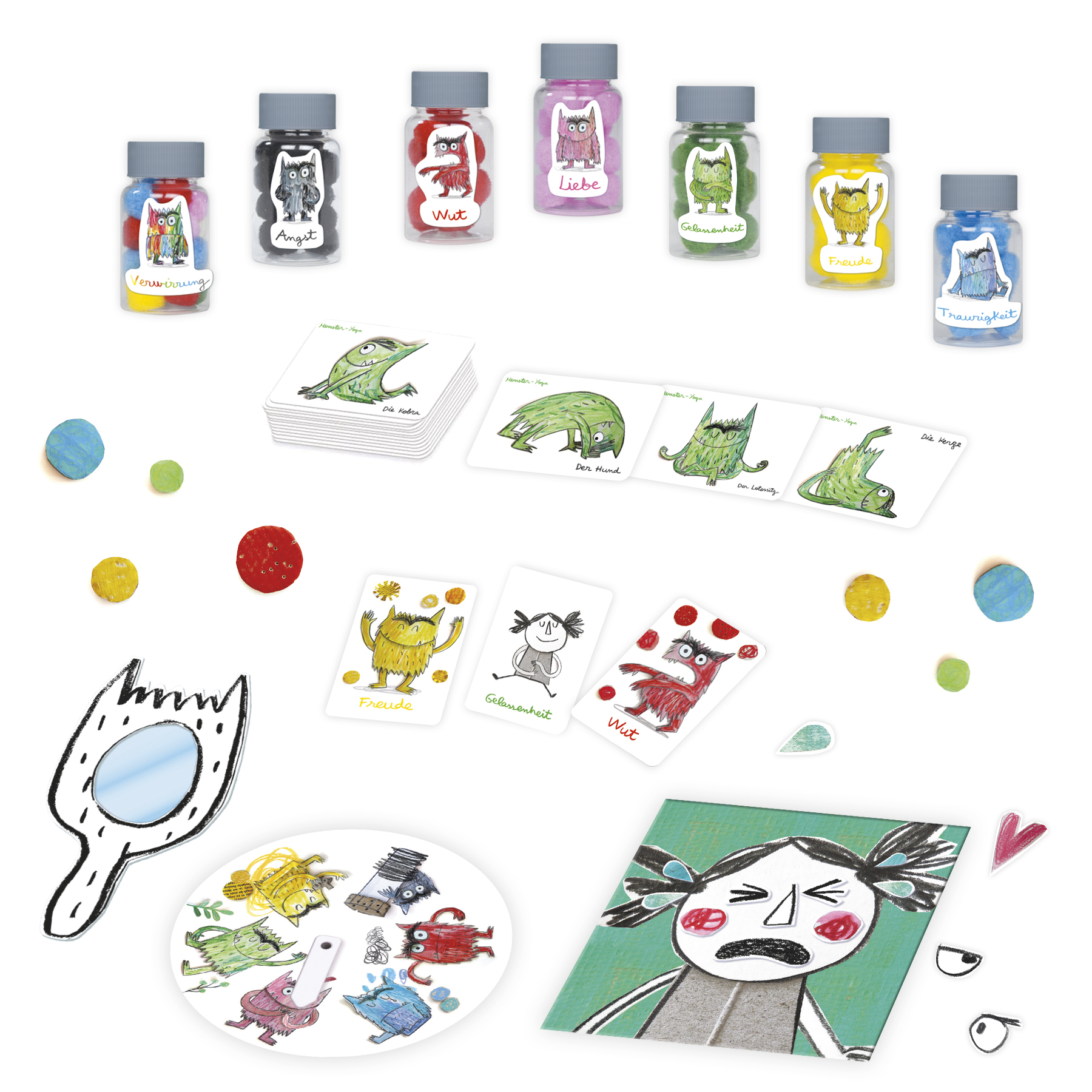 Cartes et bocaux avec des monstres de dessins animés, représentant des émotions. Un miroir et une illustration d'une fille.