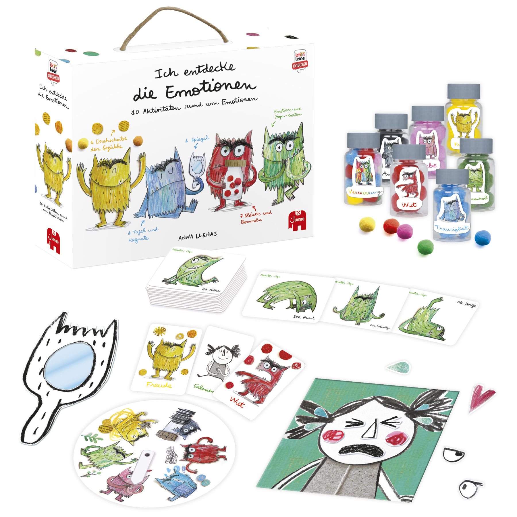 Un coffret d'un jeu intitulé 'Ich entdecke die Emotionen' avec des cartes de jeu, des bouteilles et des illustrations de monstres.