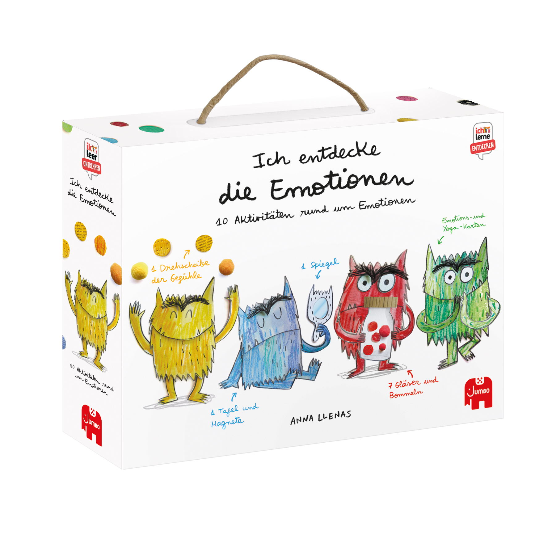 Jeu en boîte avec des monstres de dessins animés, titre allemand: Découvrez les émotions. Activités pour enfants.