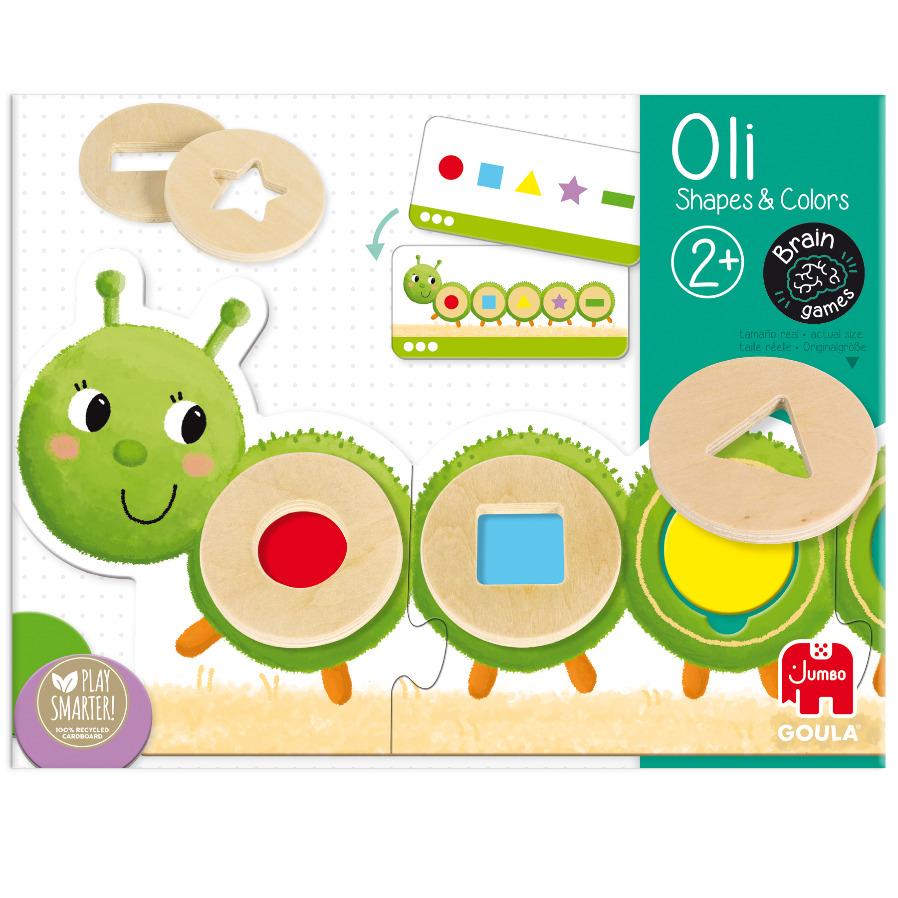 Un juego de rompecabezas para niños con formas coloridas, una oruga verde y las palabras "Shapes & Colors". El juego está en una mesa.
