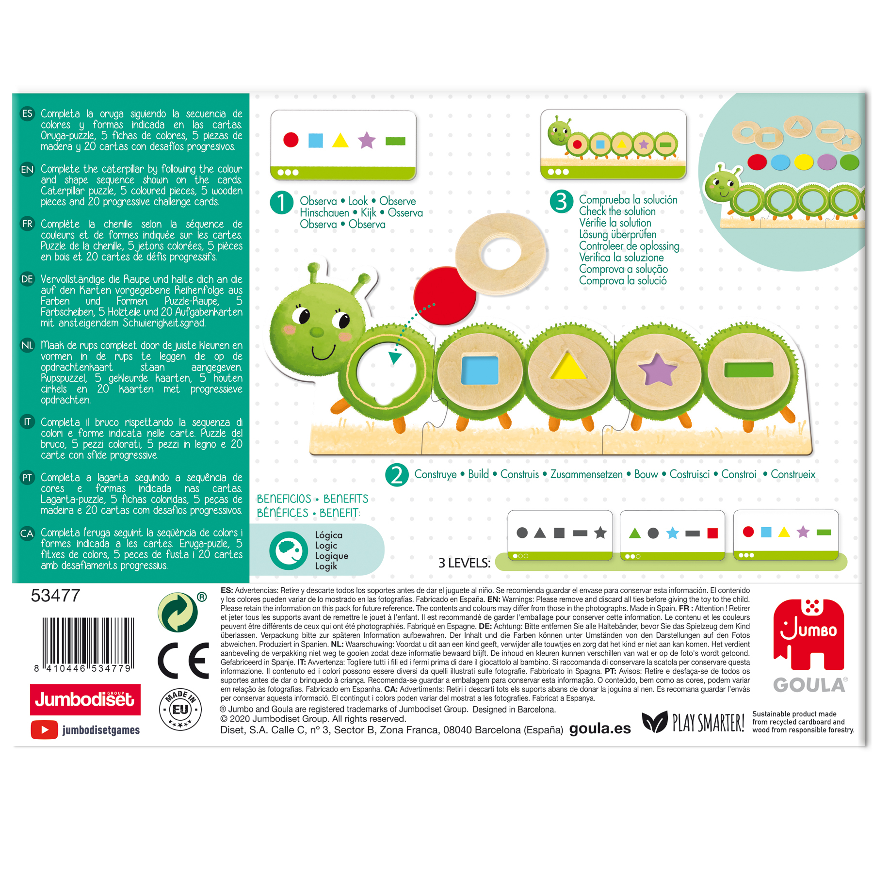 Juguete educativo con diseño de oruga, mostrando pasos para aprender y jugar, con texto y formas.