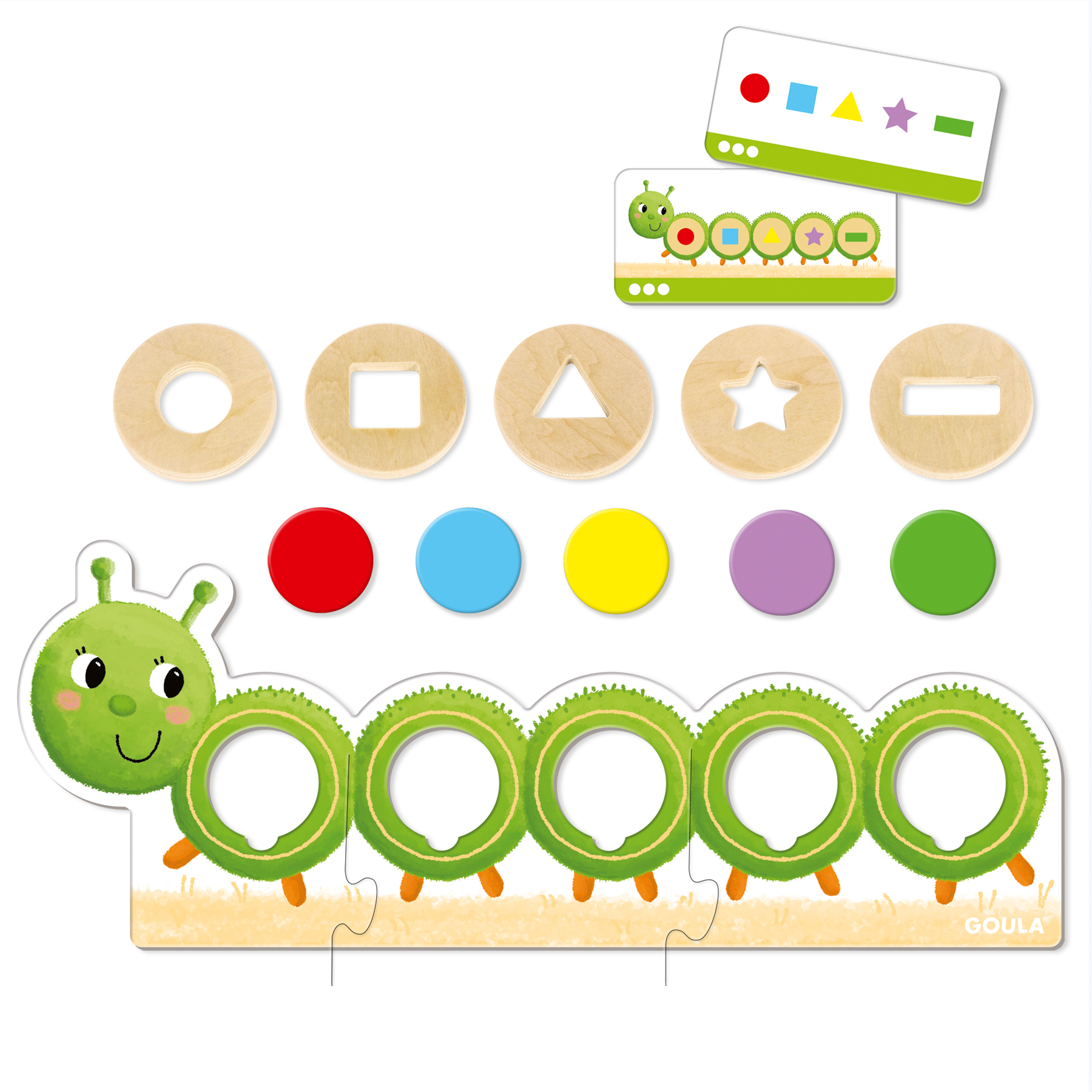 Un juguete de oruga de madera con formas de colores y tarjetas a juego. El juguete está sobre una superficie blanca.