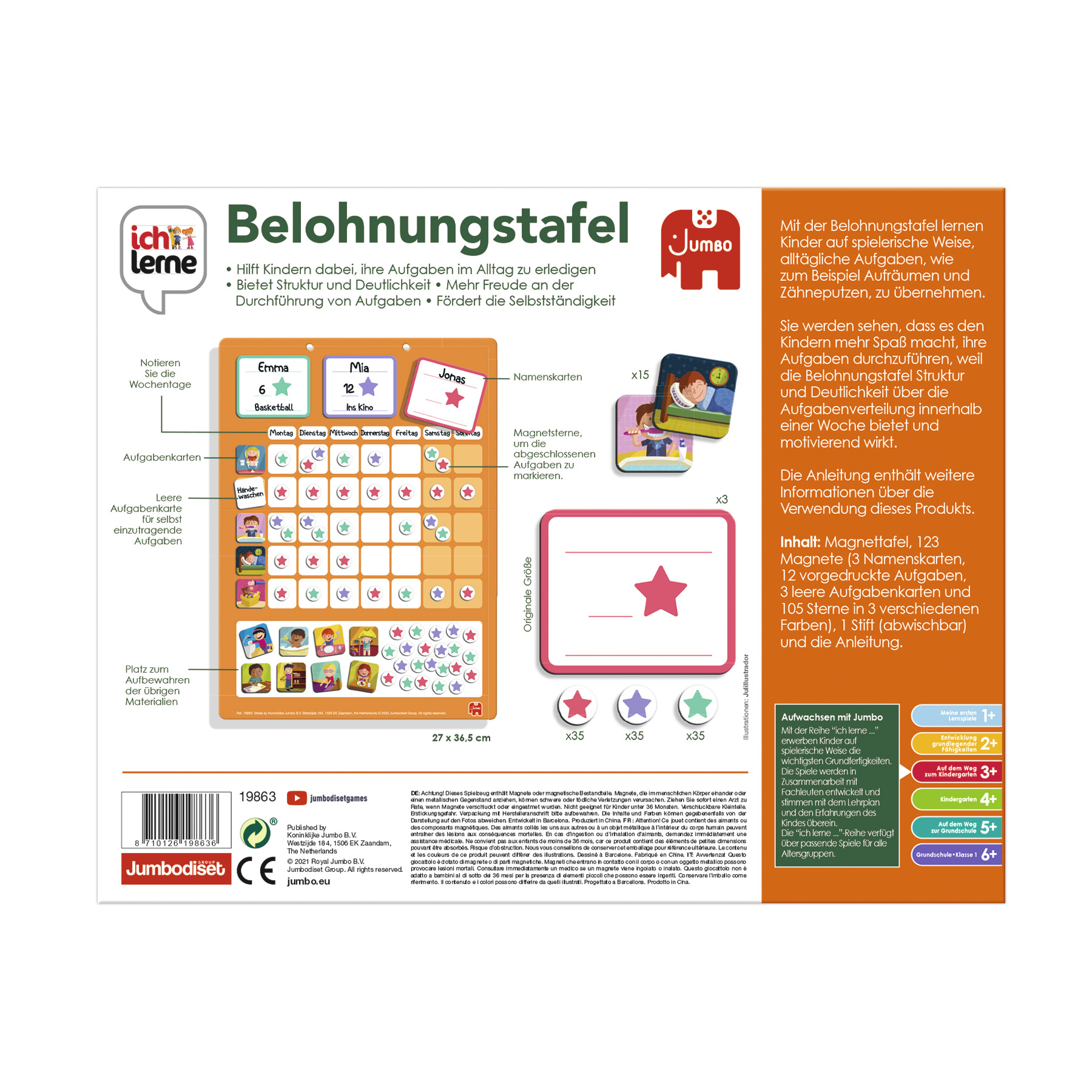 Eine Belohnungstafel auf weißem Hintergrund mit Text und bunten Illustrationen. Die Tafel hat Felder für Aufkleber.