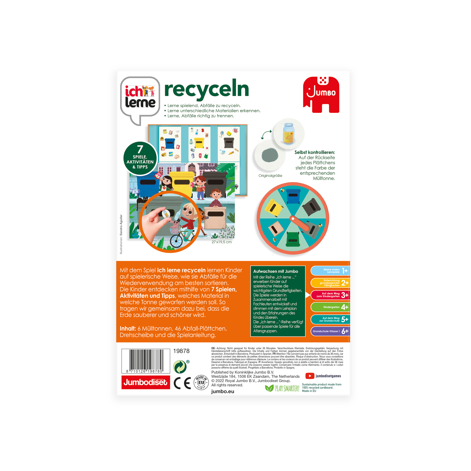 Eine Spielbox mit Recycling-Tonnen und Kindern auf der Vorderseite. Es lehrt über das Recycling.