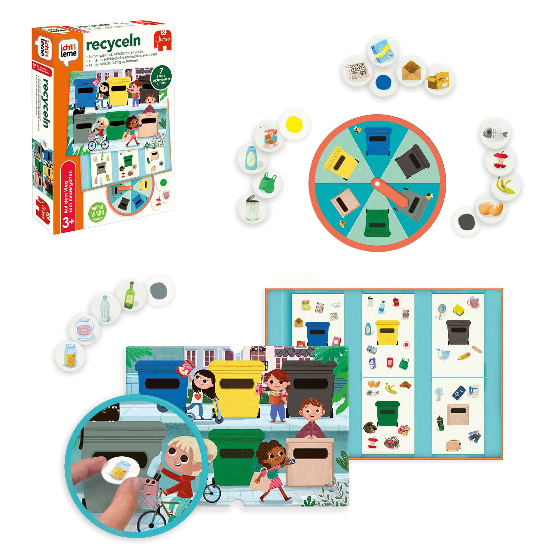 Spiel mit Recycling-Thema, Spielsteine und Illustrationen.