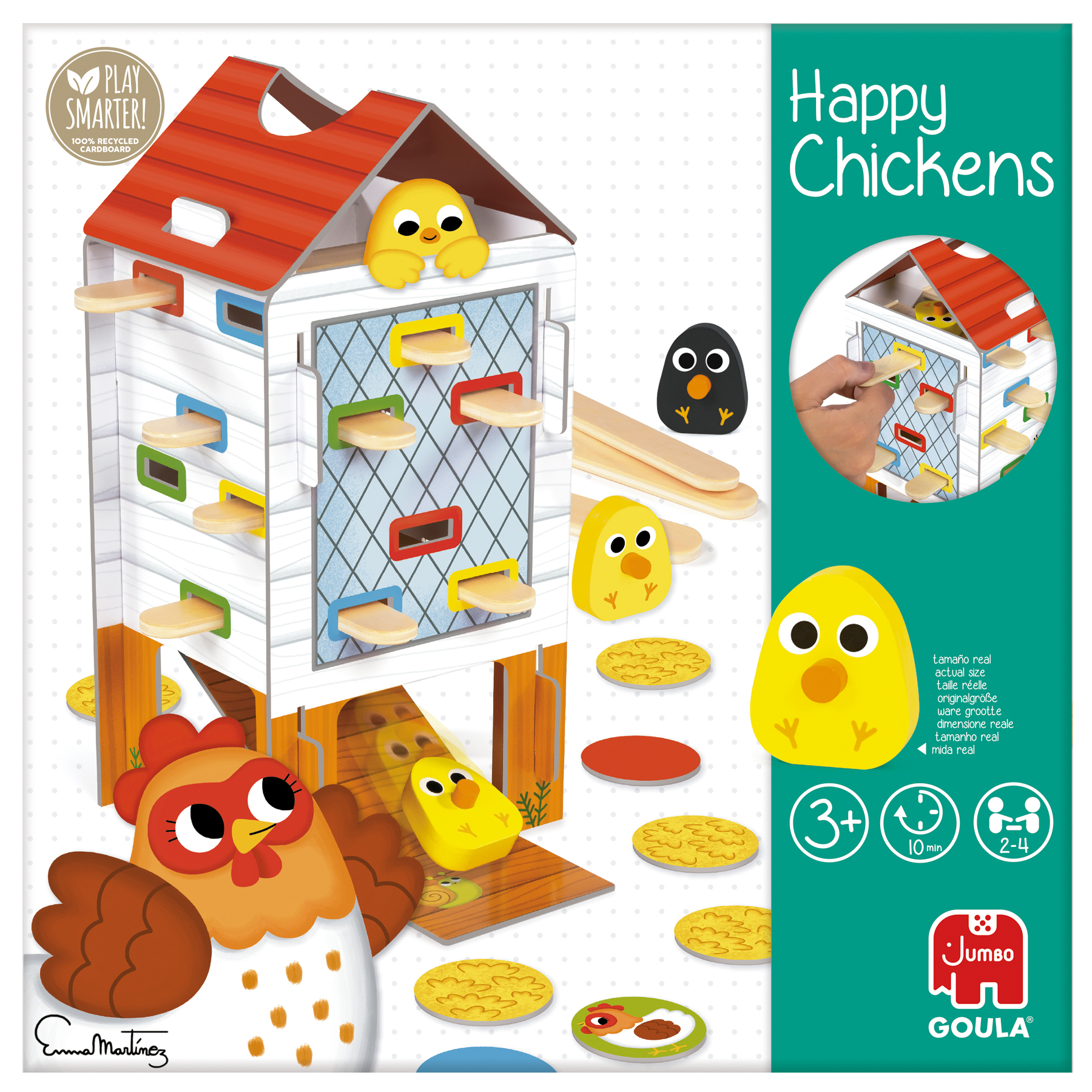 Gioco Happy Chickens, un pollaio in legno con polli e accessori su sfondo bianco.